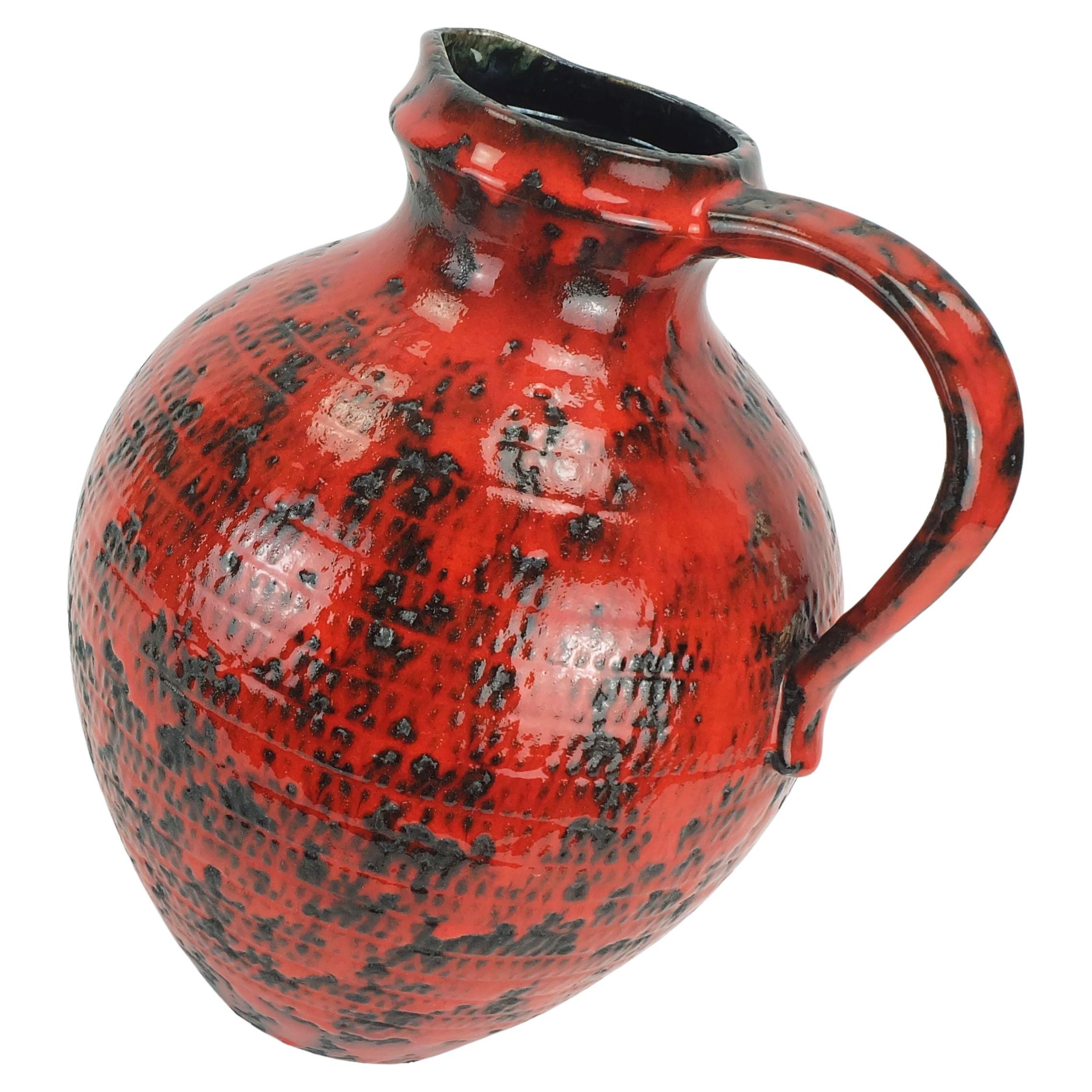 large 1960's VASE jug fohr-keramik model 490-30 black red relief decor fat lava For Sale