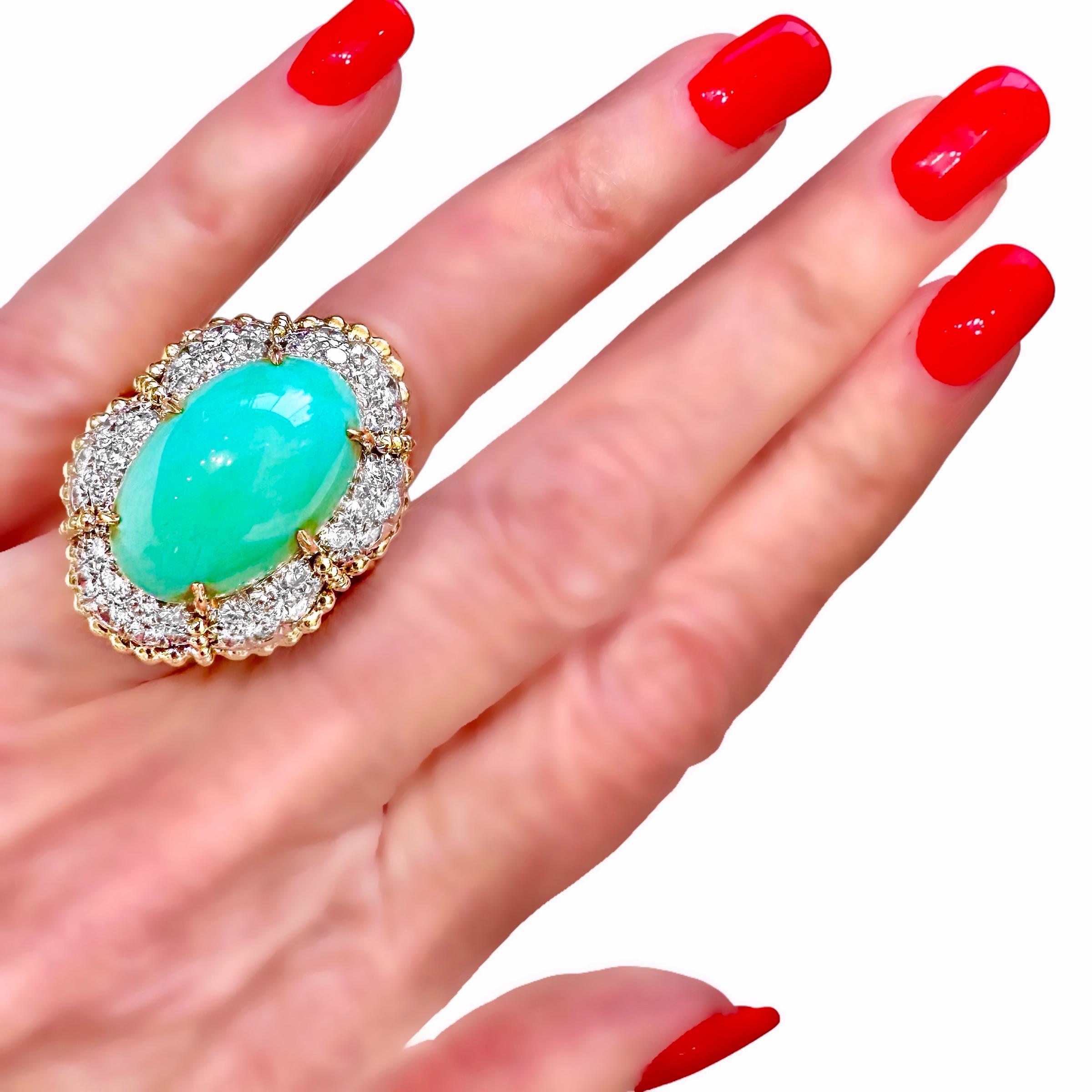 Large 1960s Vintage 18K Yellow Gold Platinum Diamond & Turquoise Cocktail Ring For Sale 5