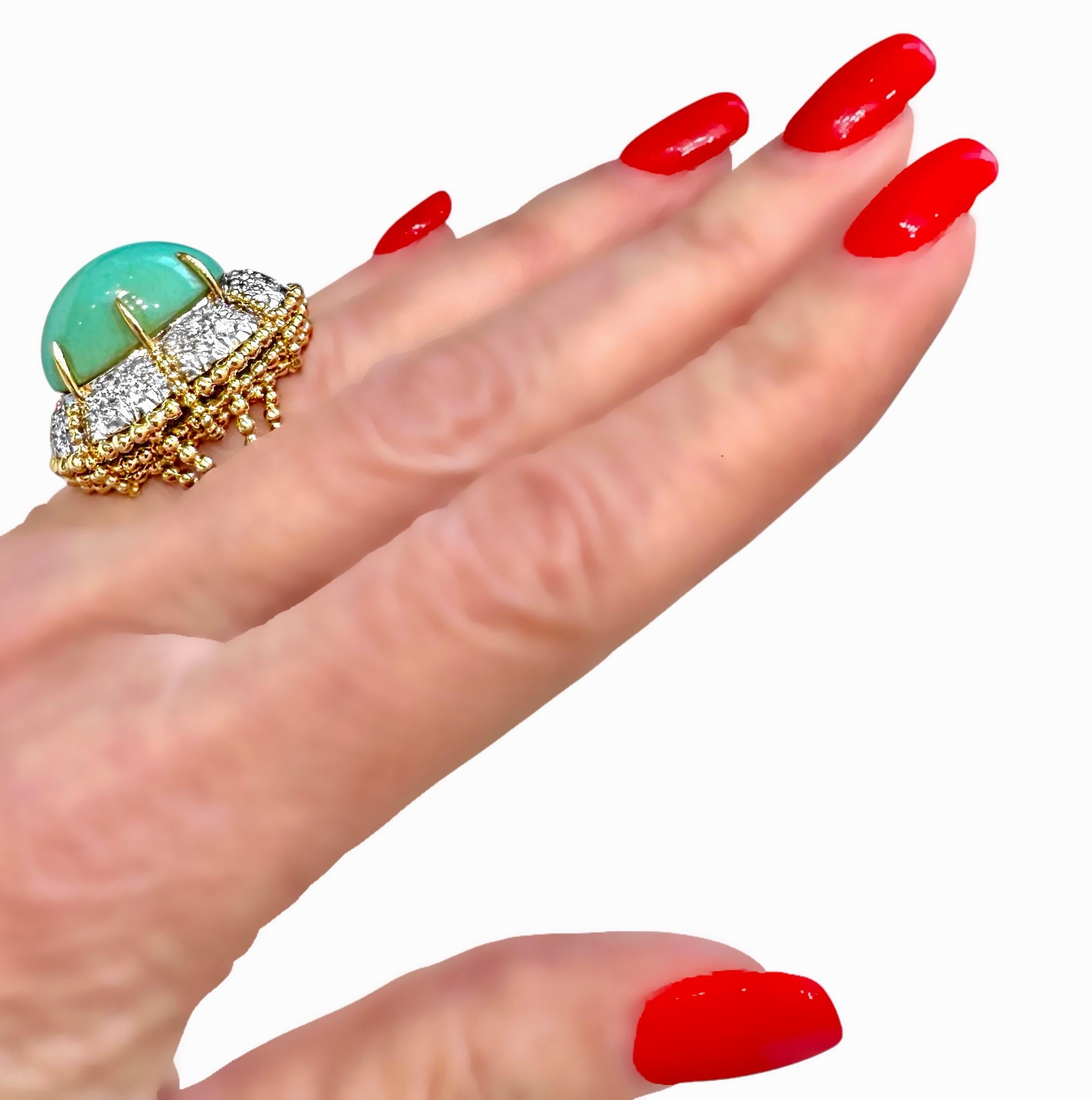 Large 1960s Vintage 18K Yellow Gold Platinum Diamond & Turquoise Cocktail Ring For Sale 6