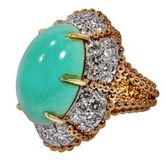 Large 1960s Vintage 18K Yellow Gold Platinum Diamond & Turquoise Cocktail Ring