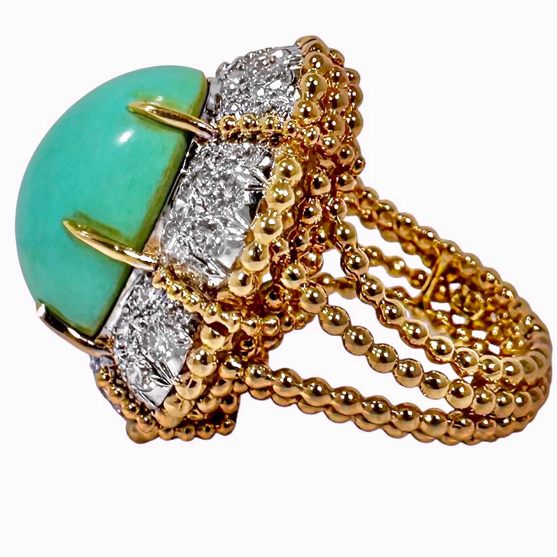 Modern Large 1960s Vintage 18K Yellow Gold Platinum Diamond & Turquoise Cocktail Ring For Sale