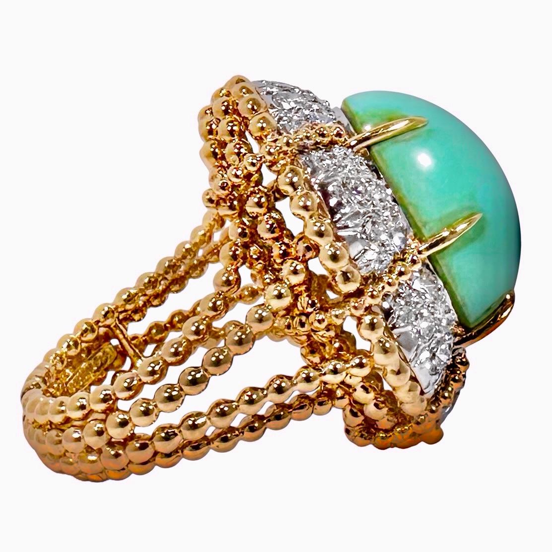 Large 1960s Vintage 18K Yellow Gold Platinum Diamond & Turquoise Cocktail Ring In Good Condition For Sale In Palm Beach, FL
