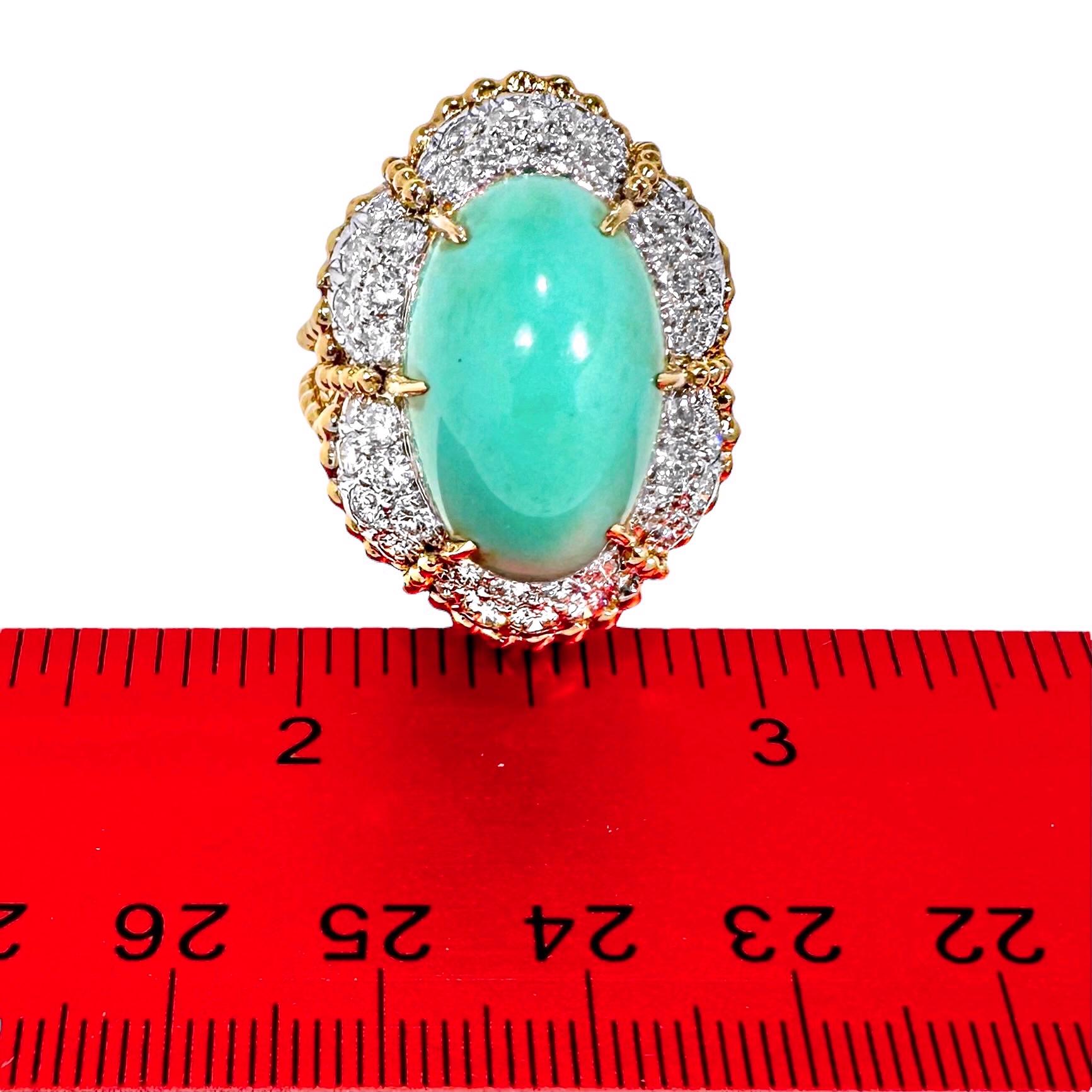Large 1960s Vintage 18K Yellow Gold Platinum Diamond & Turquoise Cocktail Ring For Sale 2