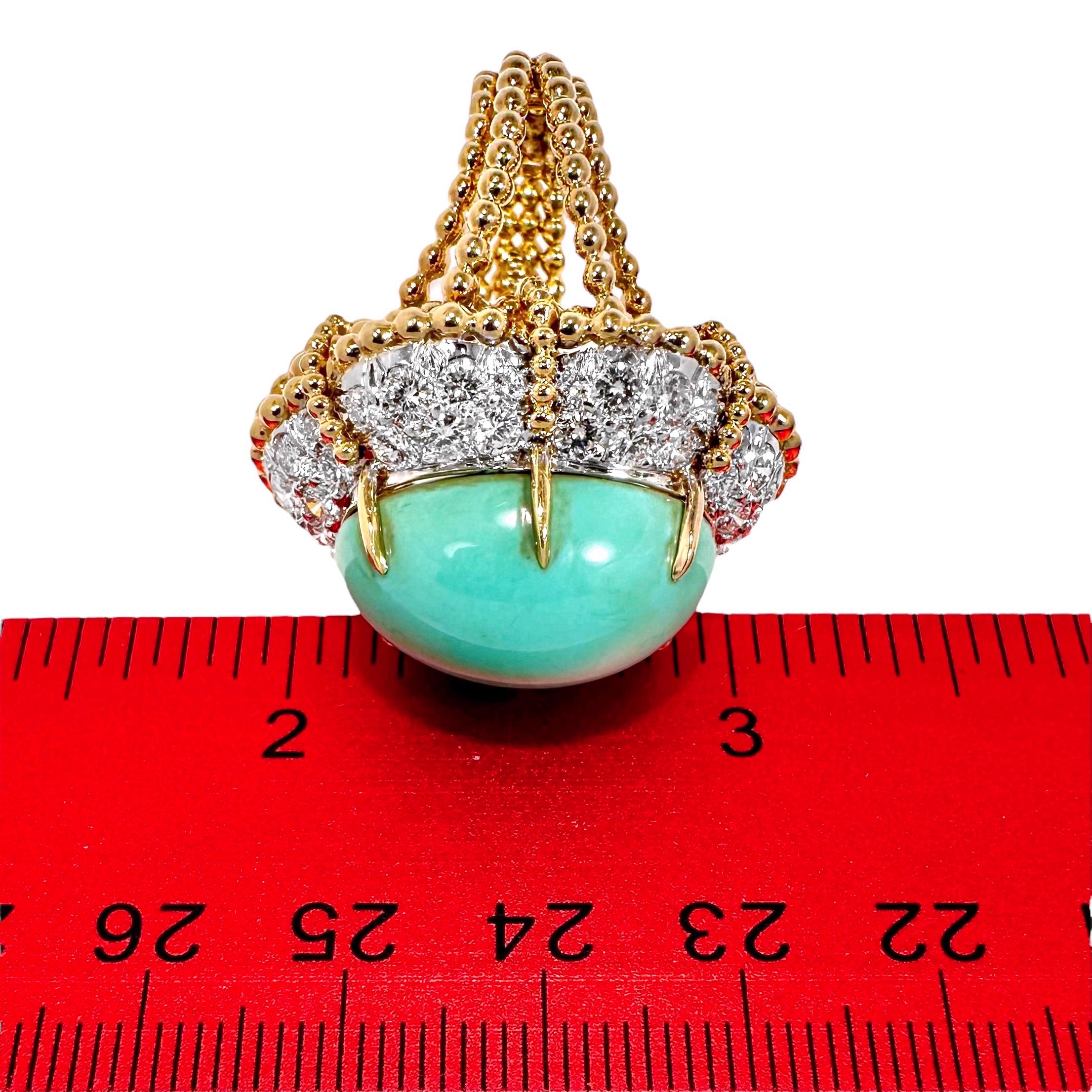 Large 1960s Vintage 18K Yellow Gold Platinum Diamond & Turquoise Cocktail Ring For Sale 3