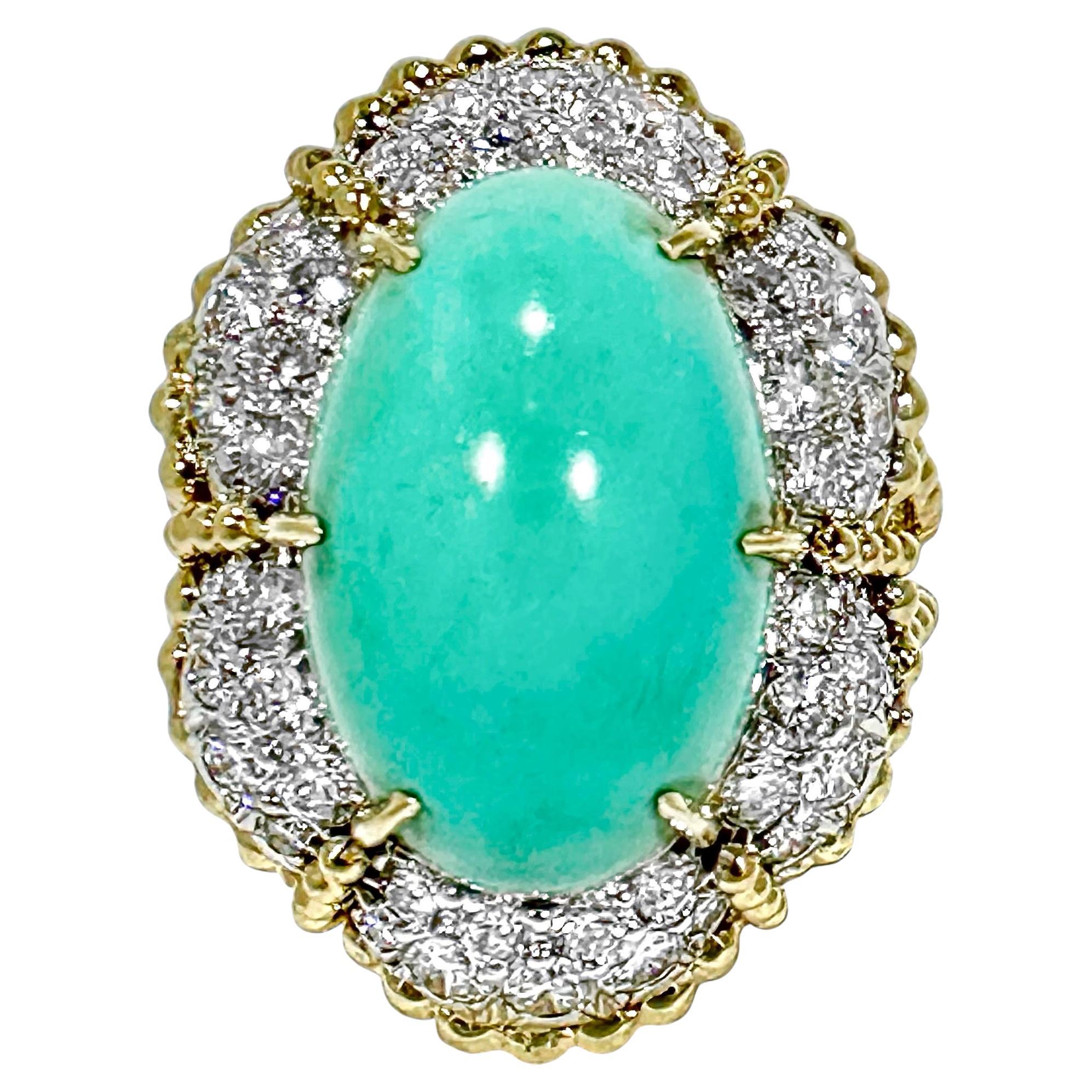 Gran anillo de cóctel vintage de los años 60 de oro amarillo de 18 quilates, platino, diamantes y turquesa