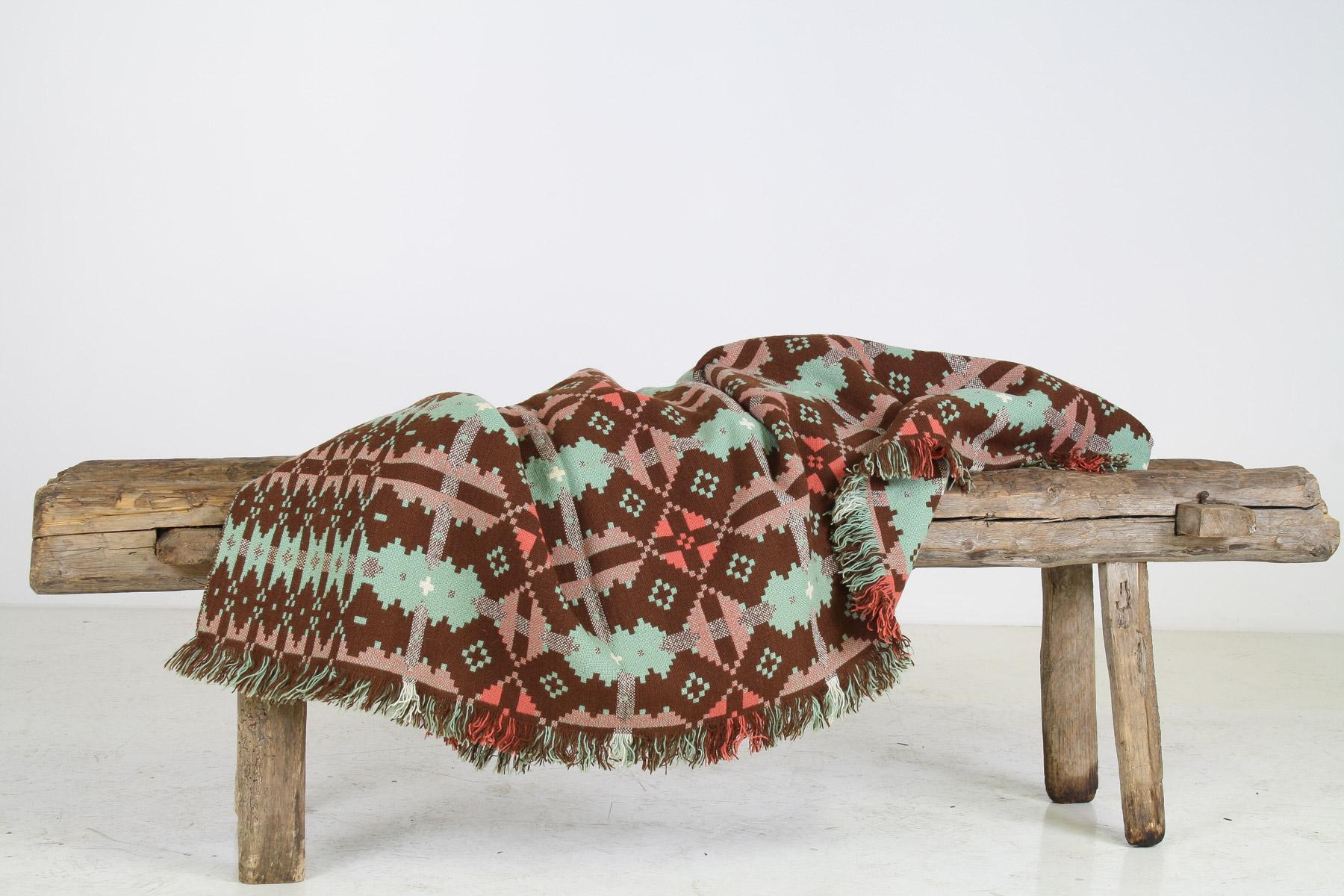 Gran manta tapiz vintage de los años 60 de pura lana galesa en marrón otoñal y verde Lana en venta