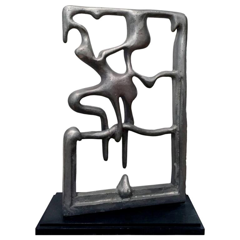 Large 1970s Aluminum Abstract Drip Sculpture on Wood Base For Sale