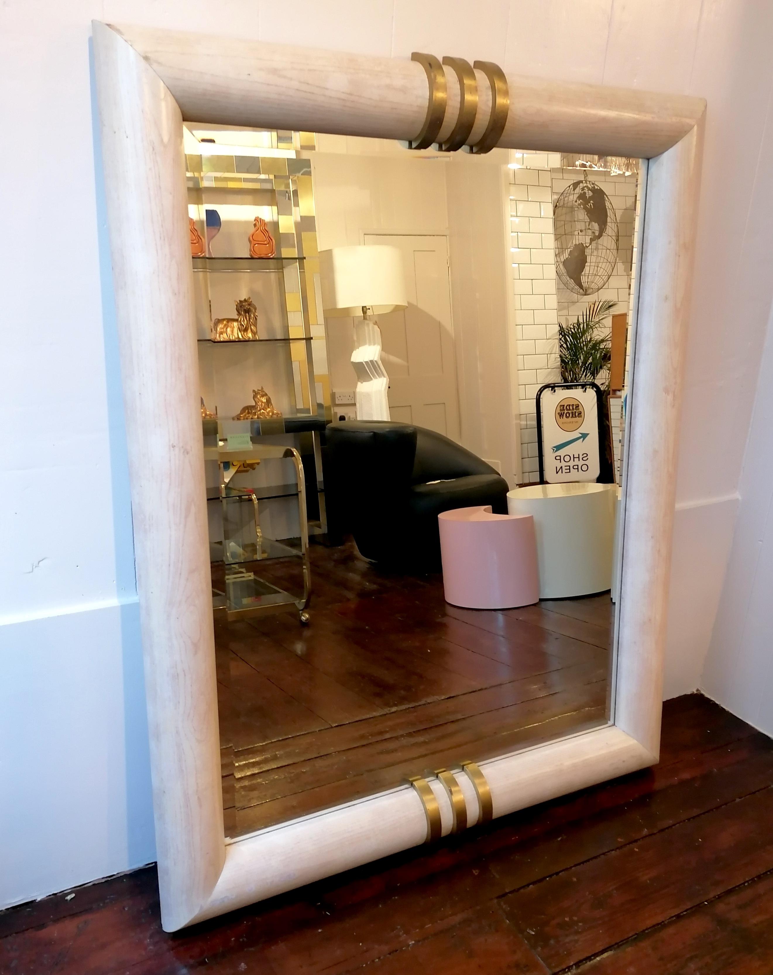 20th Century Large 1970s American whitewashed oak & gilt brass mirror by Henredon