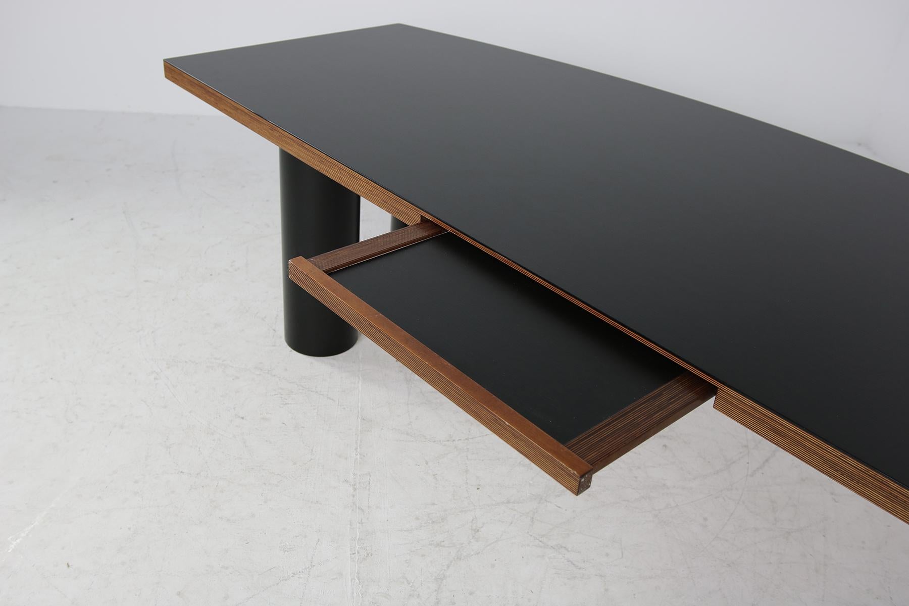 German Large 1970s Architect's Executive Desk, Plywood, Black Formica Writing Table For Sale