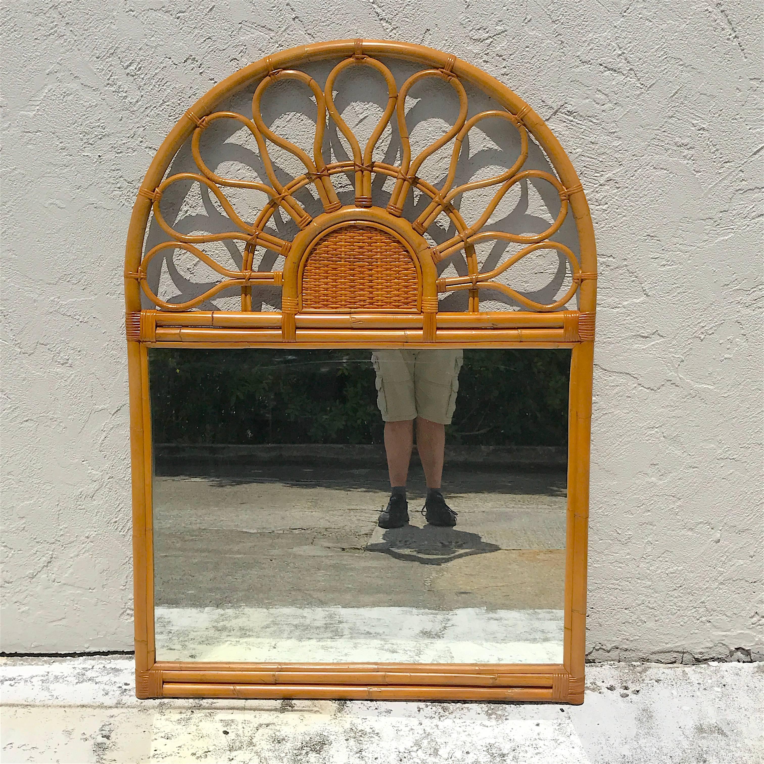 Large 1970s bamboo mirror, inset mirror measures 37