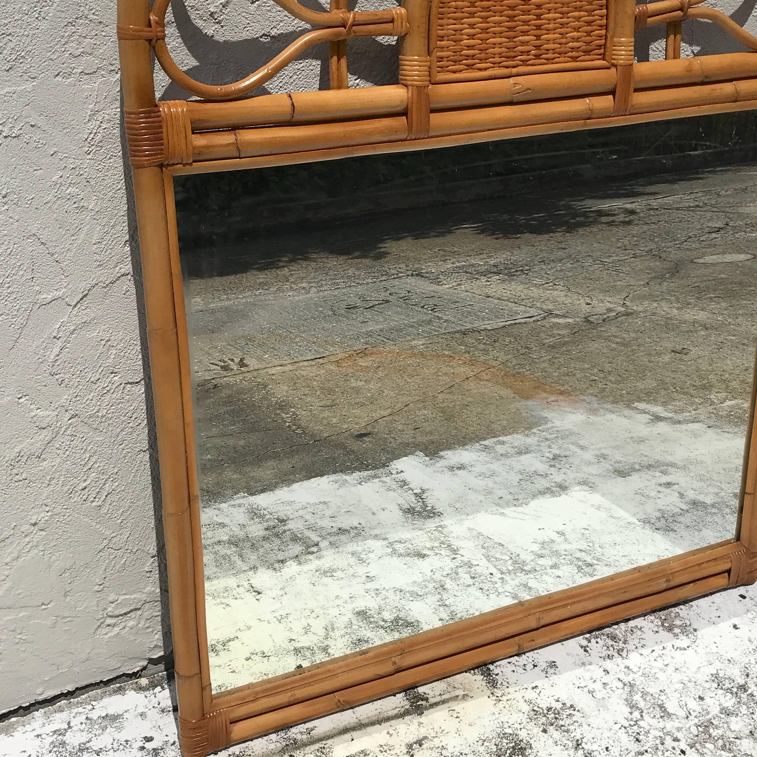 Large 1970s Bamboo Mirror  In Good Condition In West Palm Beach, FL