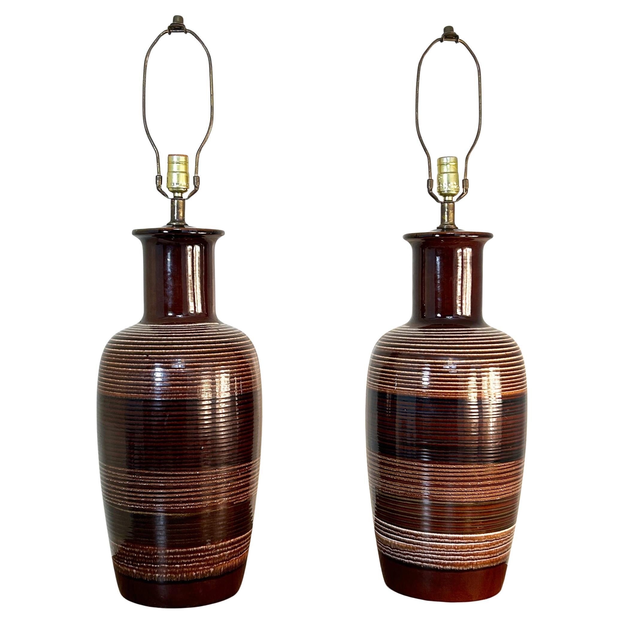 Large 1970's Brown Ceramic Lamps For Sale