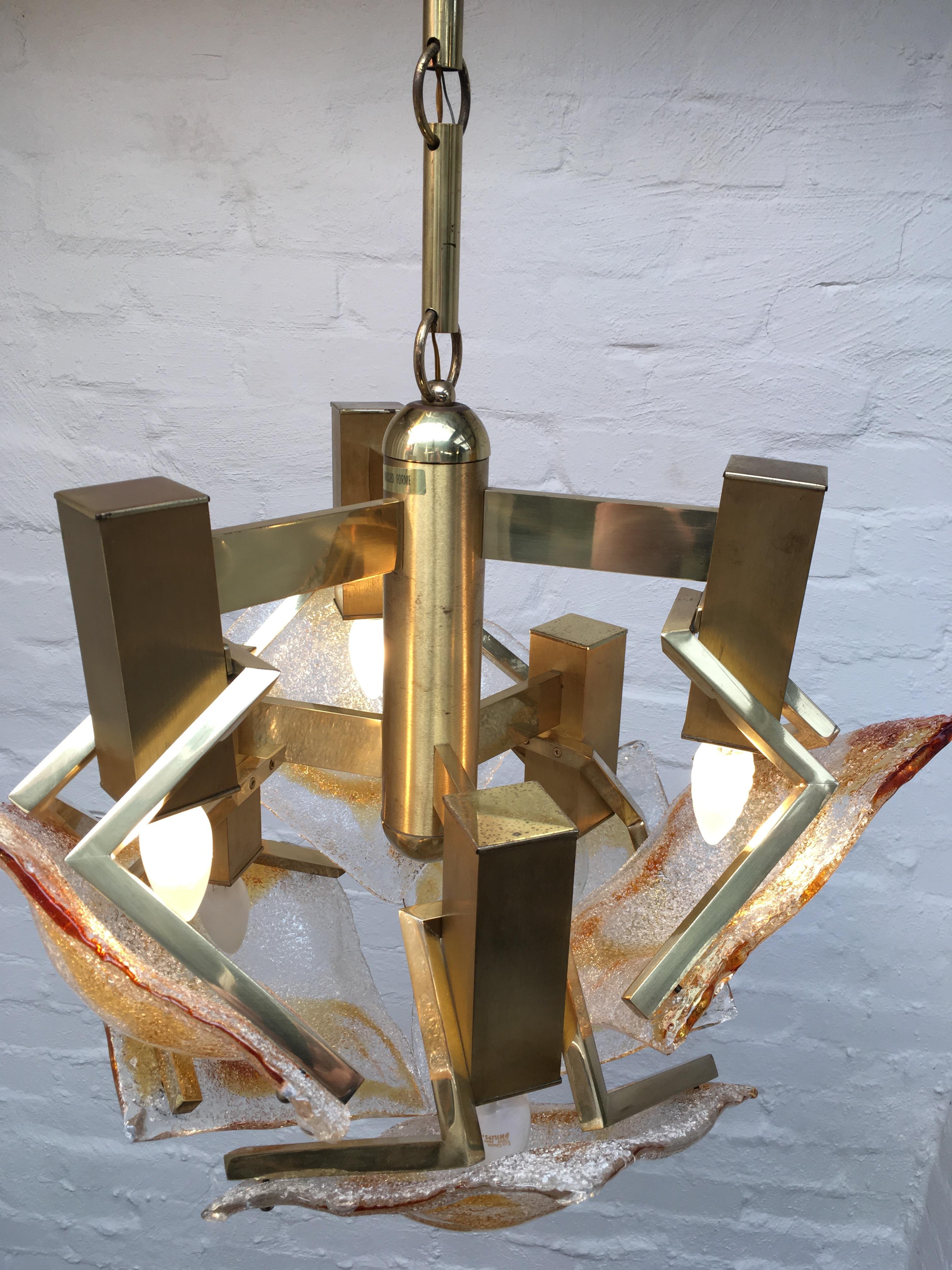Large 1970s Brutalist Chandelier Mazzega Murano Brass and Glass 3