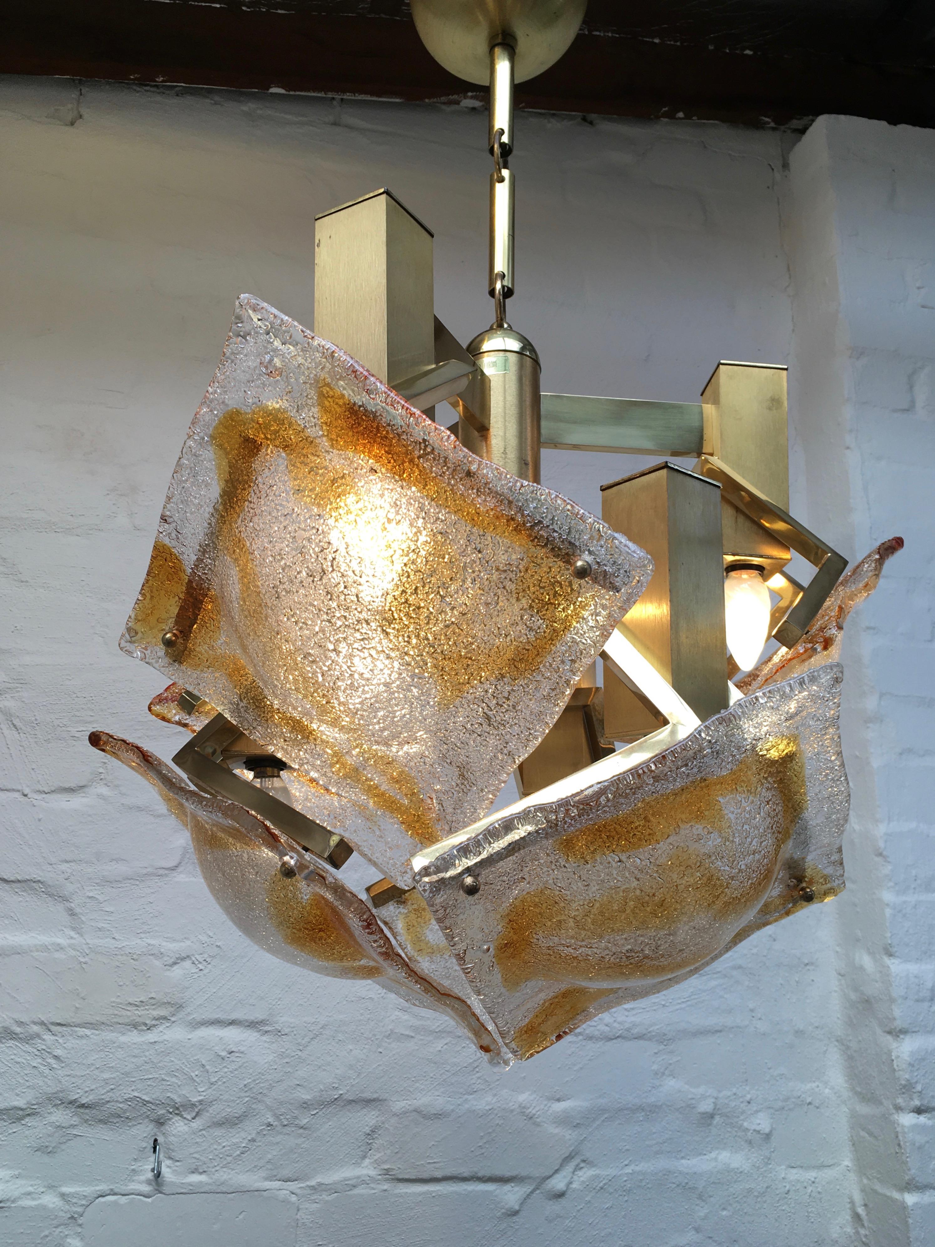 Plated Large 1970s Brutalist Chandelier Mazzega Murano Brass and Glass
