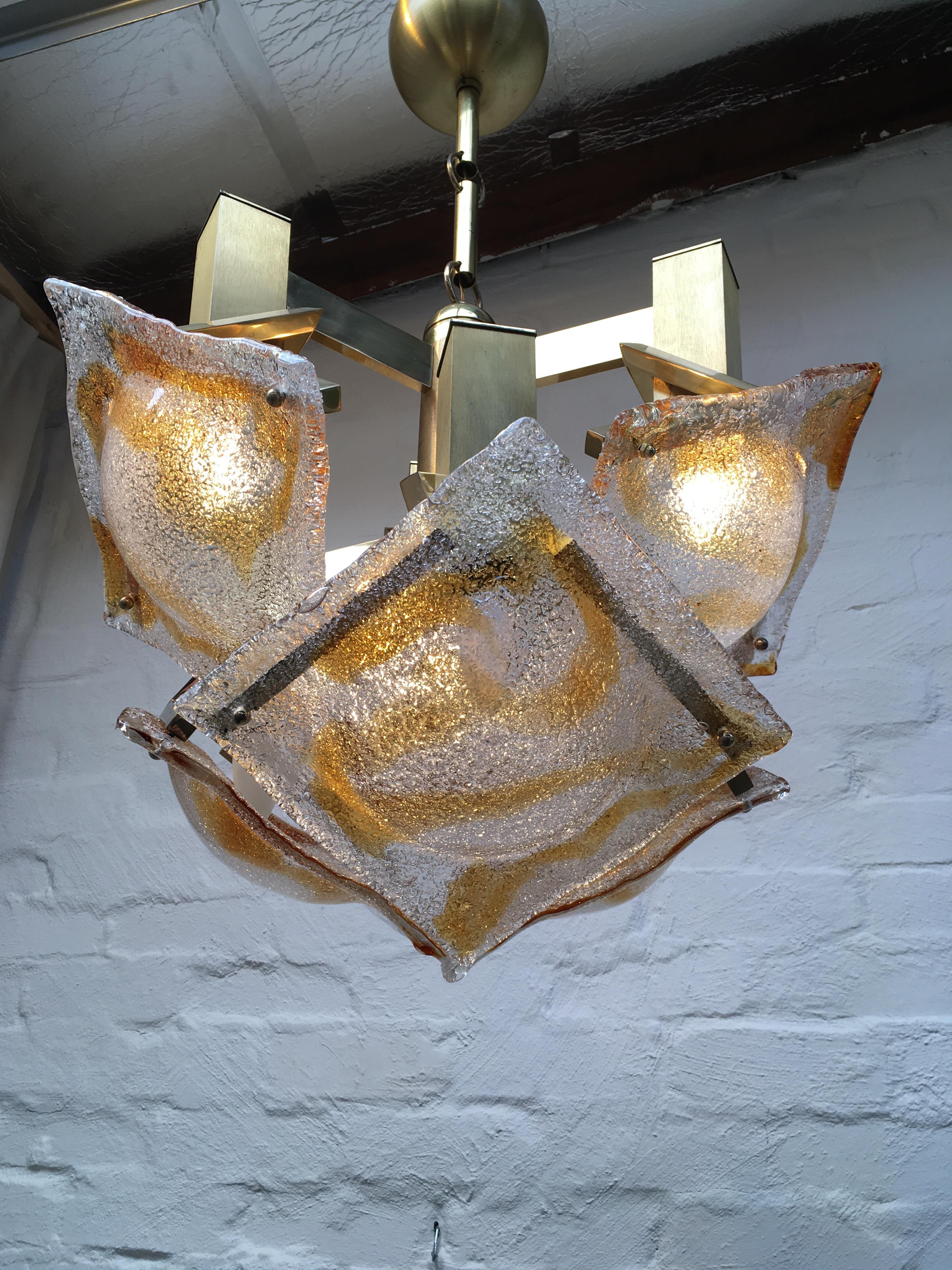 Large 1970s Brutalist Chandelier Mazzega Murano Brass and Glass In Good Condition In Melbourne, AU