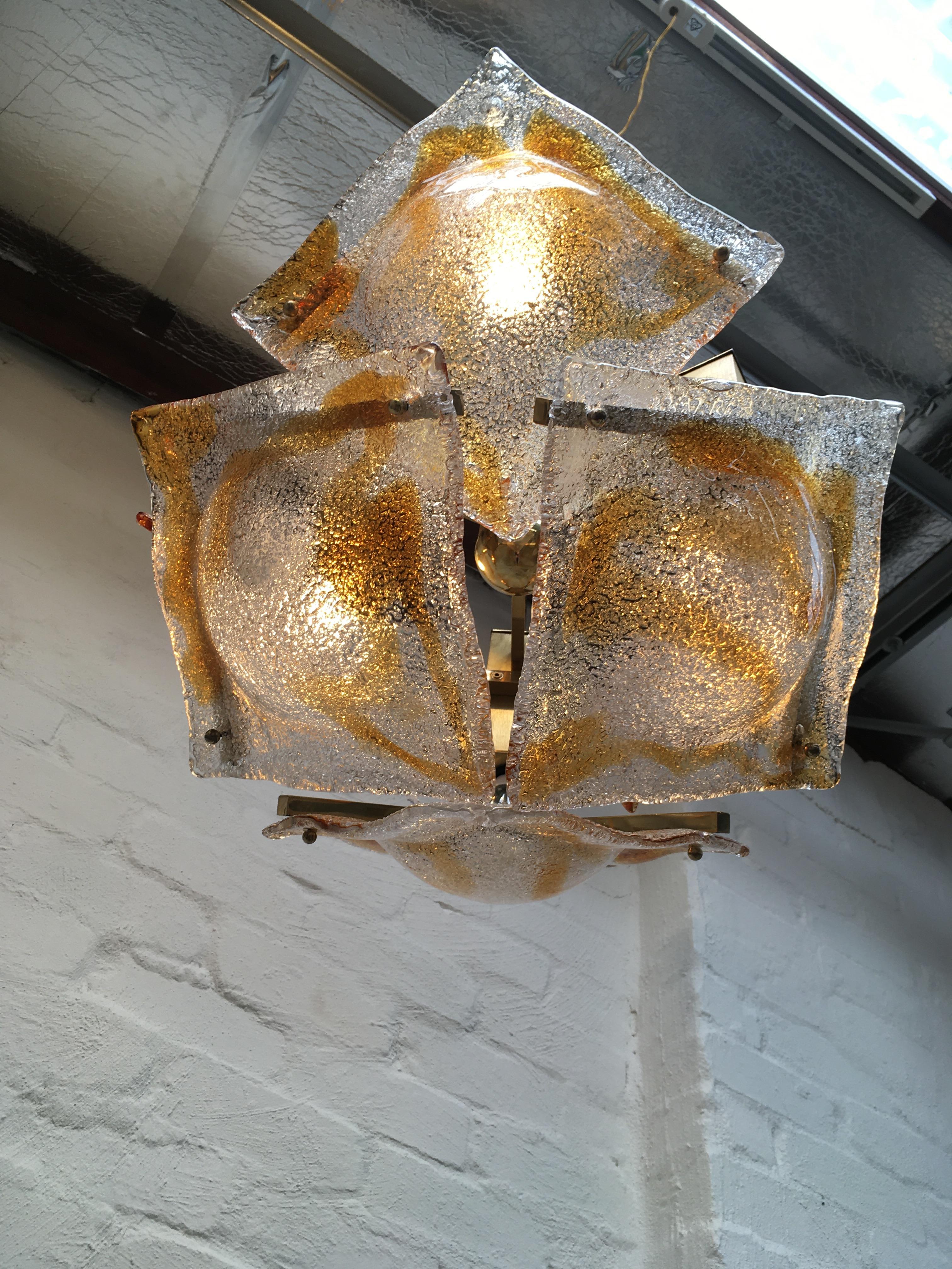 Large 1970s Brutalist Chandelier Mazzega Murano Brass and Glass 2