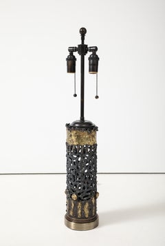 Large 1970's Brutalist Gilded Metal and Bronzed Lamp.