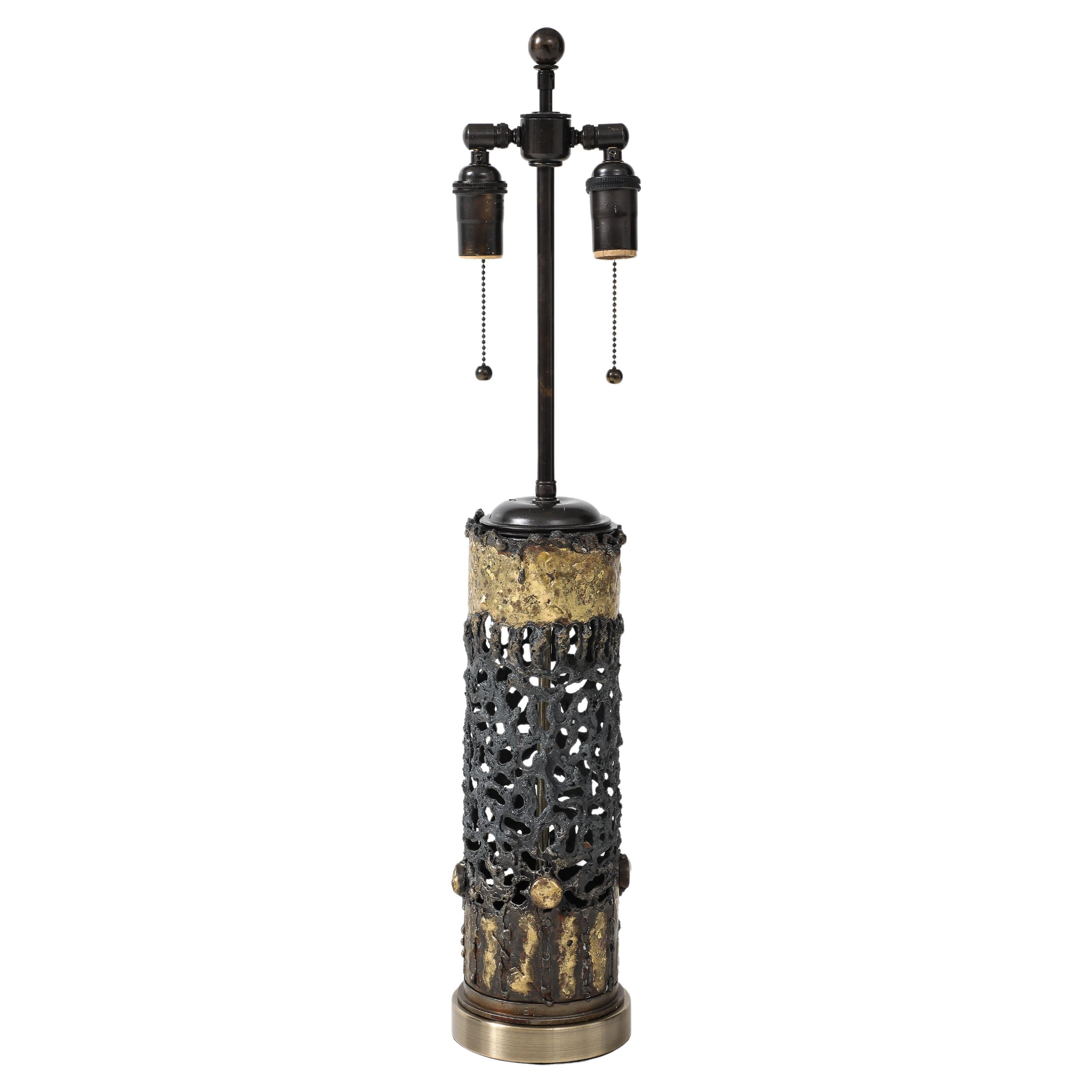 Large 1970's Brutalist Gilded Metal and Bronzed Lamp.