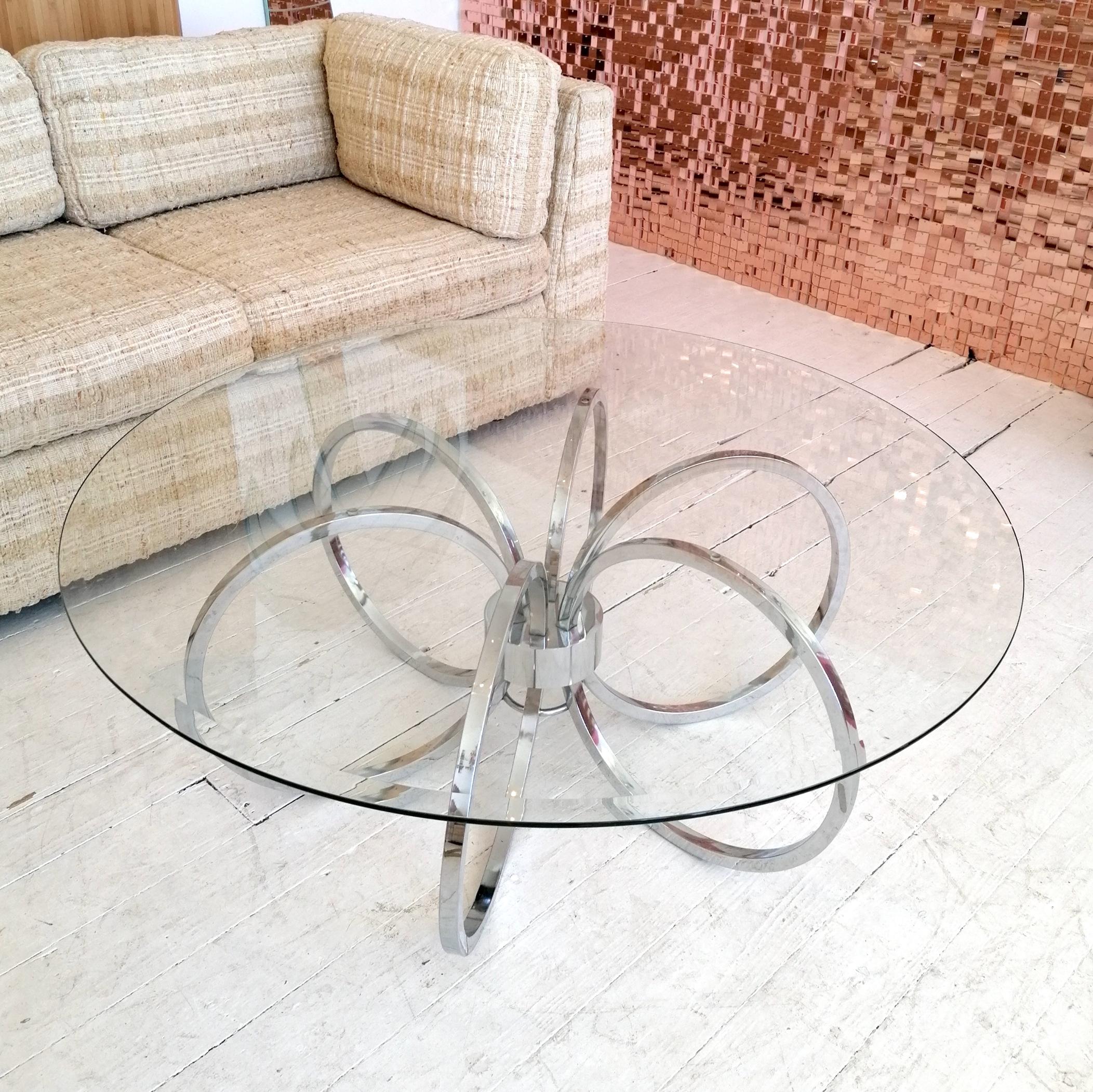 Mid-Century Modern Large 1970s Chrome Rings Coffee Table with Glass Top, Manner of Milo Baughman