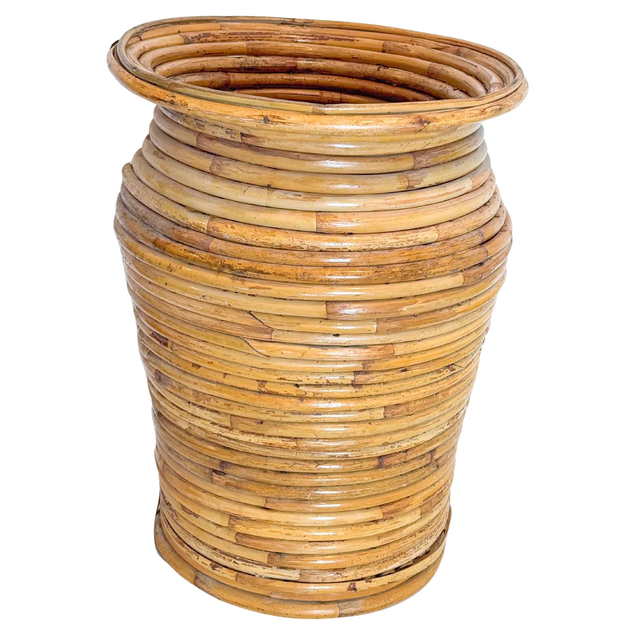 Large 1970s Coiled Pencil Reed Rattan Bamboo Floor Planter or Vase in vendita