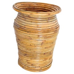 Large 1970s Coiled Pencil Reed Rattan Bamboo Floor Planter or Vase
