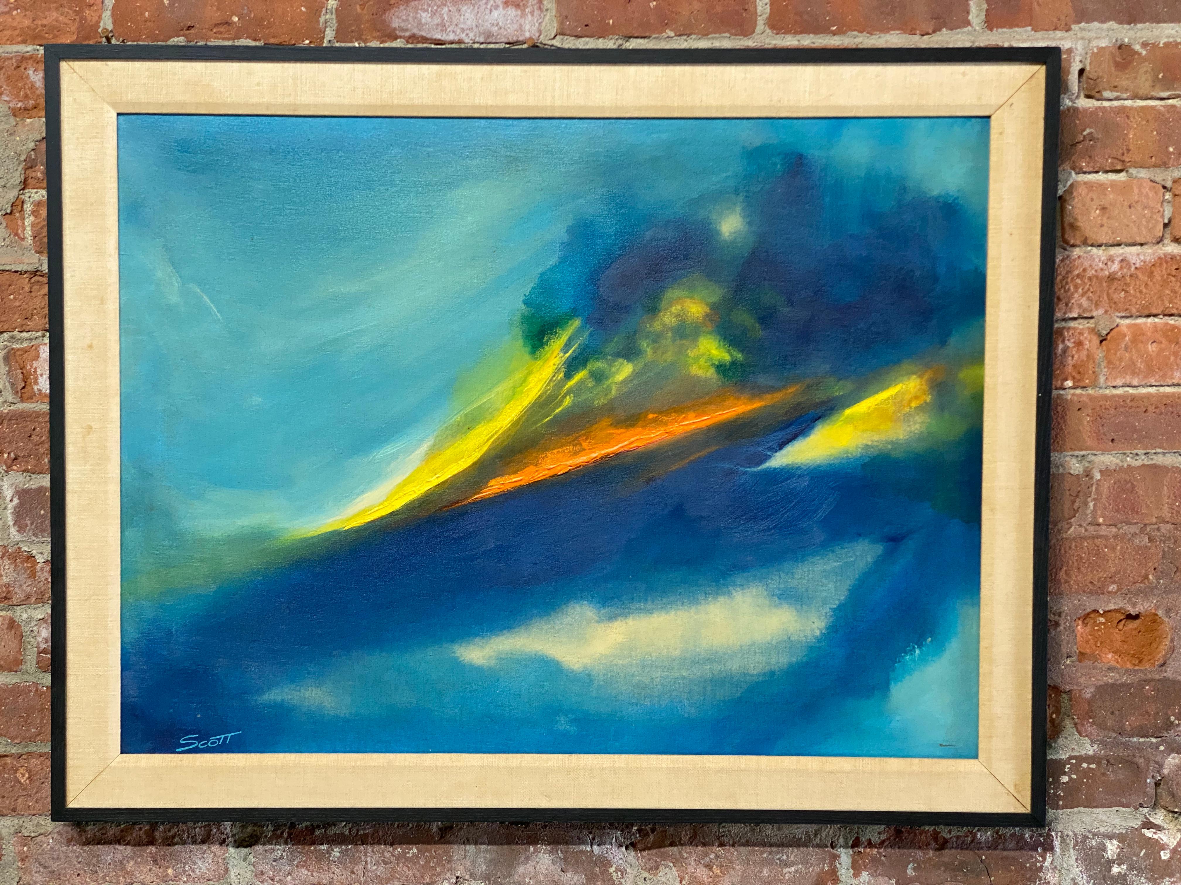 Signed Scott lower left corner. Acrylic paint and mixed media on stretched canvas. Circa 1970. Beautiful abstract wave of color. Phenomenal expressive brushwork and use of highly bright and saturated impasto colors of yellow and and orange. The