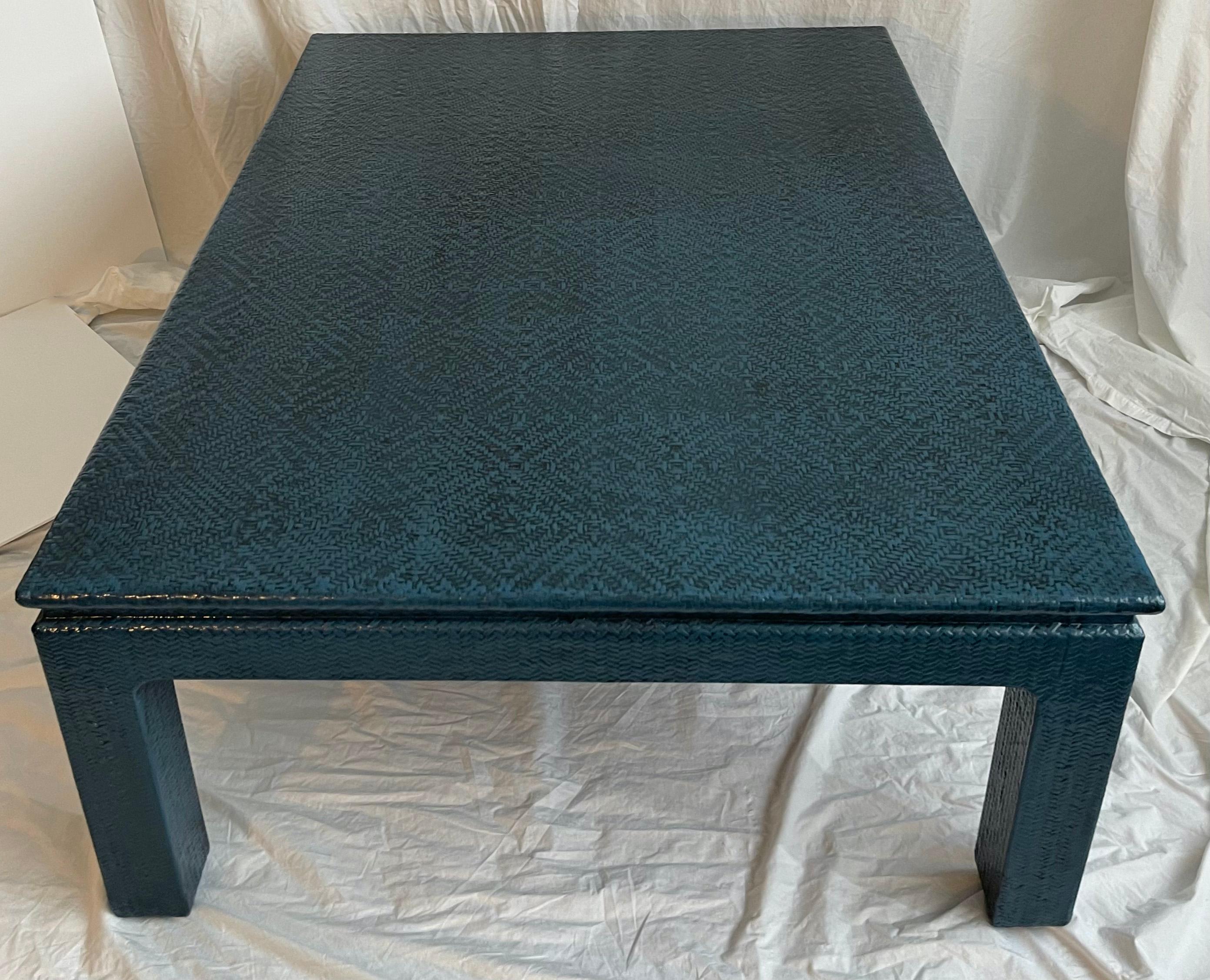 Chinoiserie 1970s Grasscloth Dark Blue Painted Large Cocktail Table For Sale