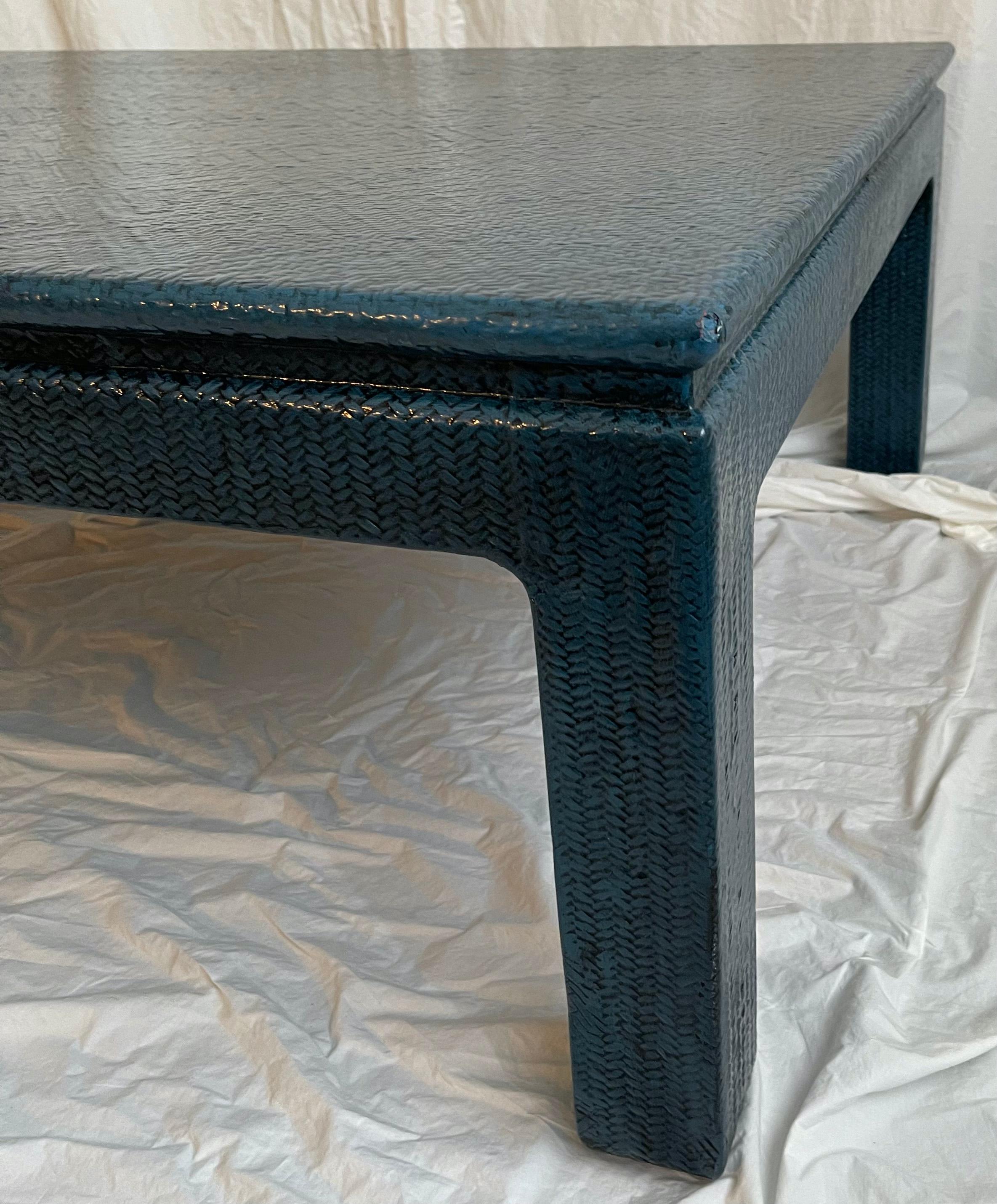 American 1970s Grasscloth Dark Blue Painted Large Cocktail Table For Sale