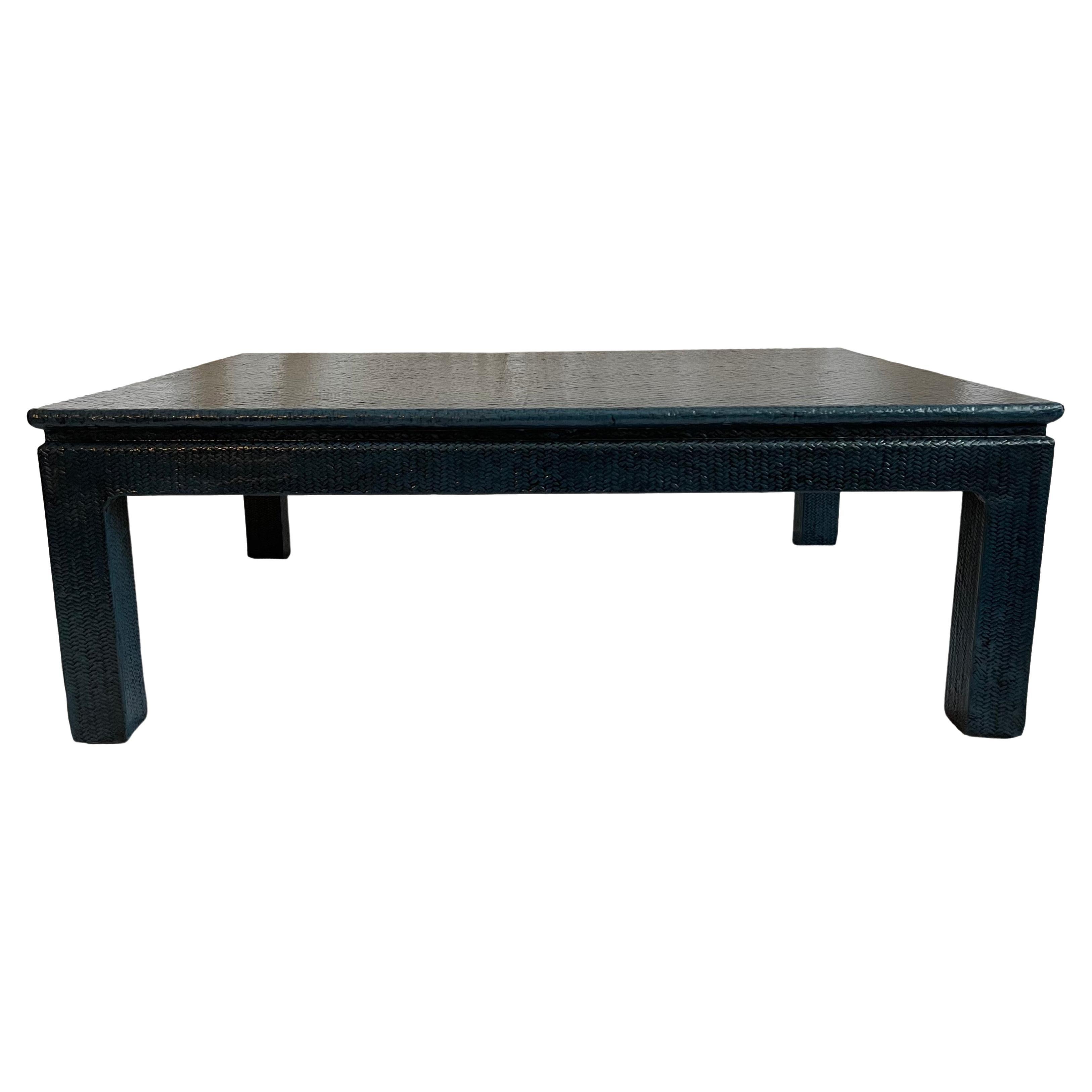 1970s Grasscloth Dark Blue Painted Large Cocktail Table For Sale