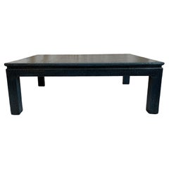 Large 1970s Dark Blue Painted Grasscloth Cocktail Table