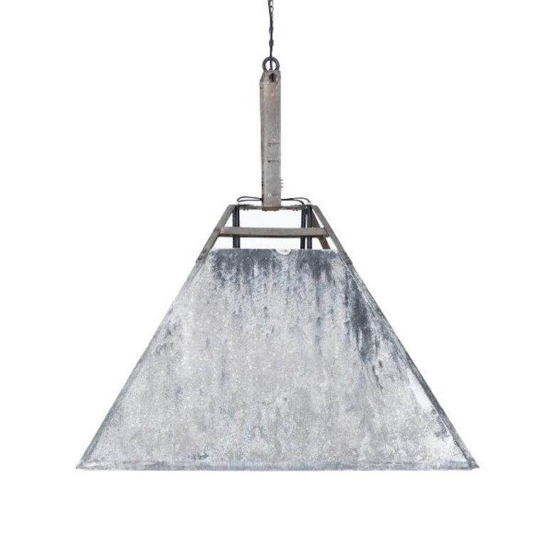 Large 1970s European industrial overhead pendant chandelier constructed from zinc with exposed fixtures for 4 bulbs. Large scale and impact, made in the Czech Republic.
Wear is consistent with age and use.  See photos for details.