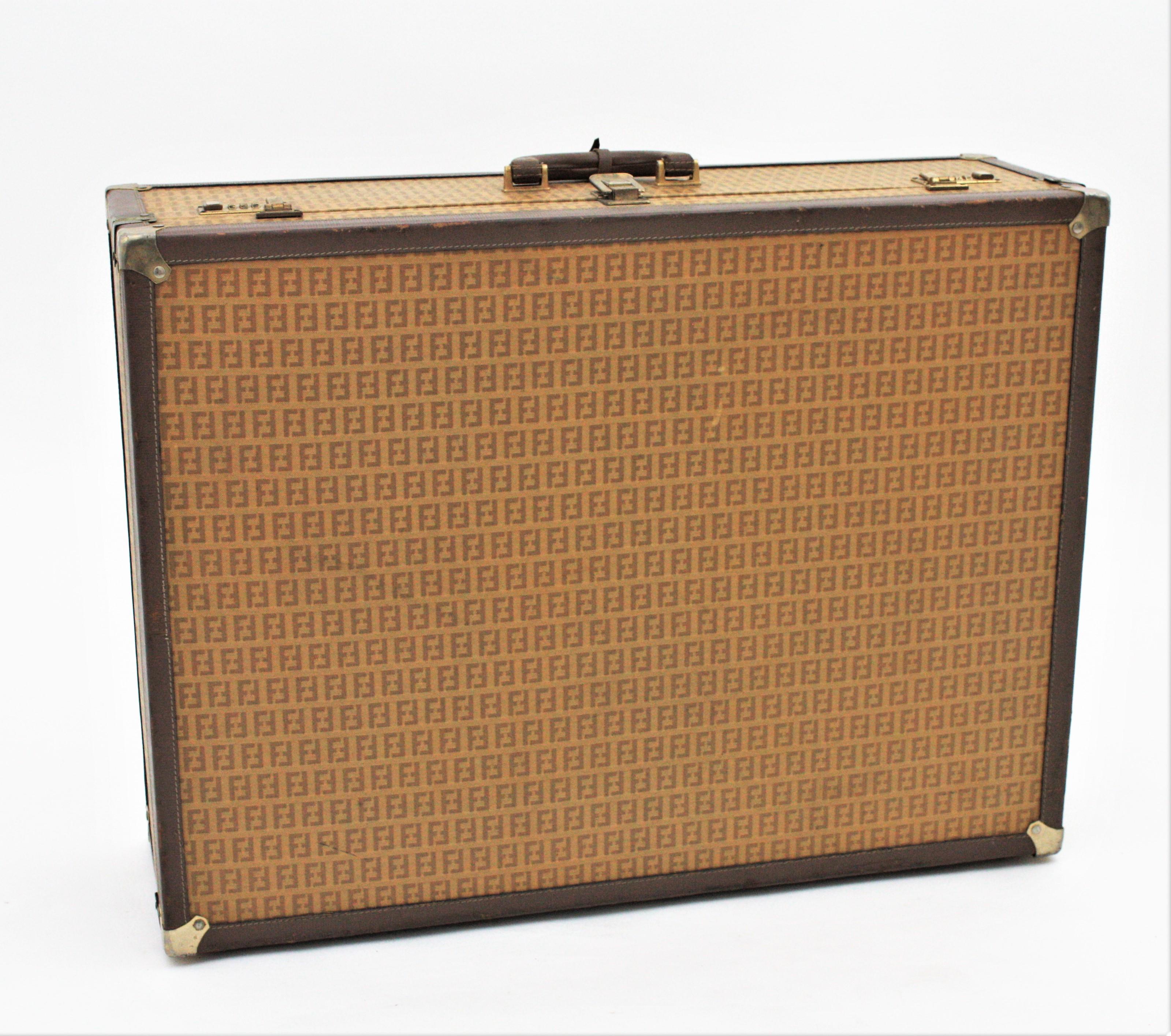 Brass Fendi Vintage Hard Suitcase / Luxury Trunk, Zucca Pattern, 1970s For Sale