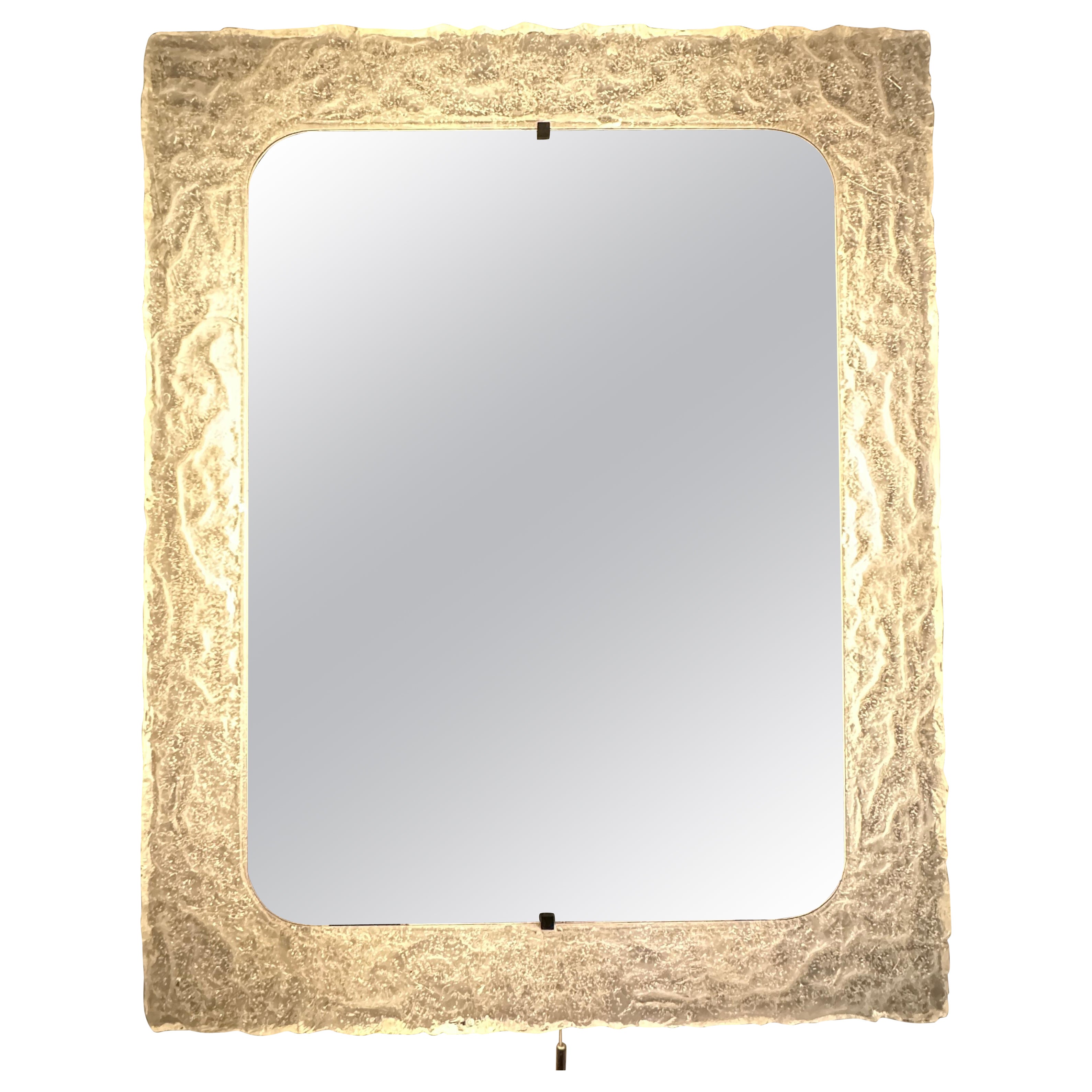 Large 1970s German Erco Illuminated Iced Lucite Rectangular Glass Wall Mirror in vendita