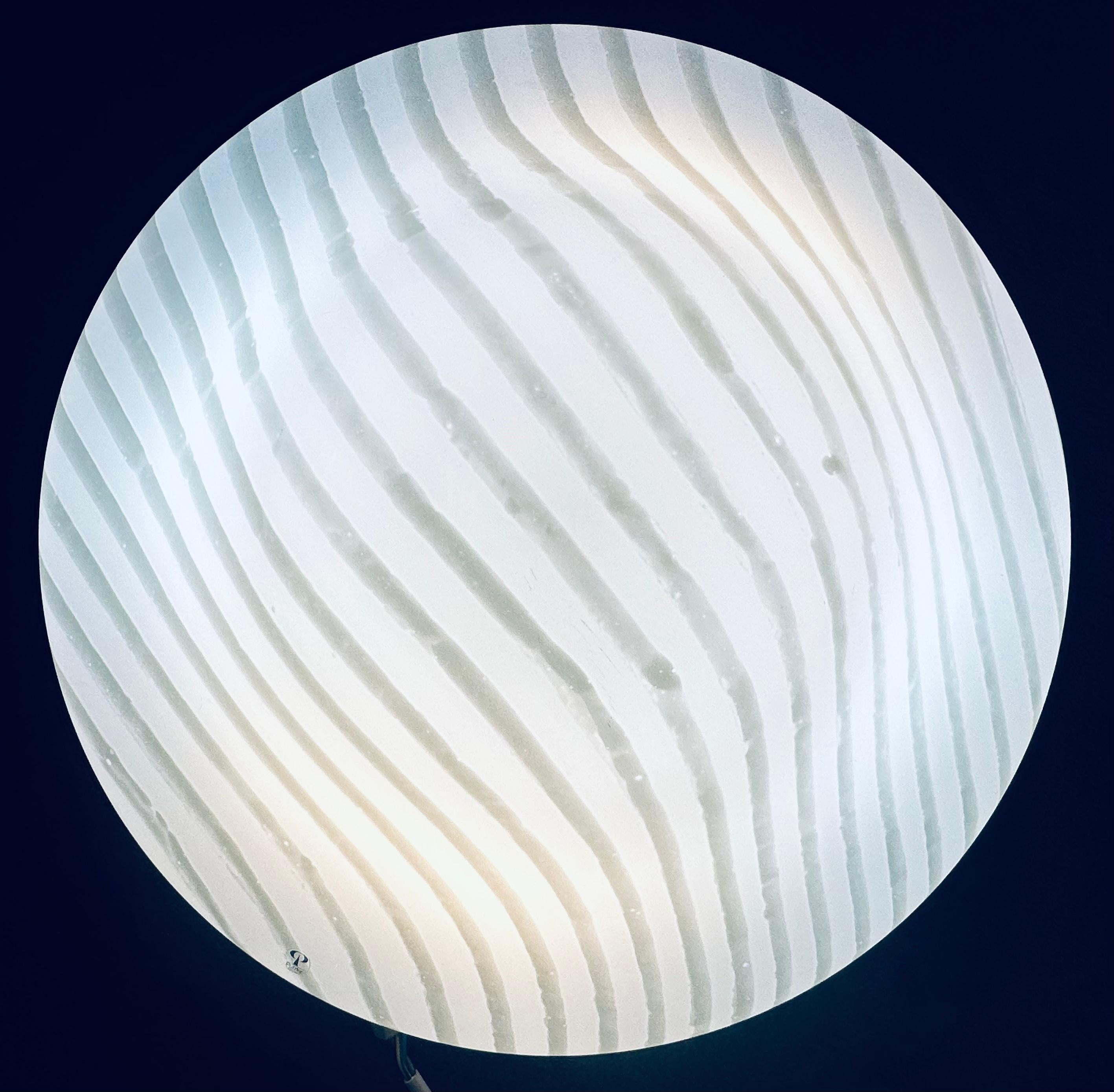 Large 1970s German Peill & Putzler Opal Striped Glass Flush Mount Ceiling Light In Good Condition For Sale In London, GB
