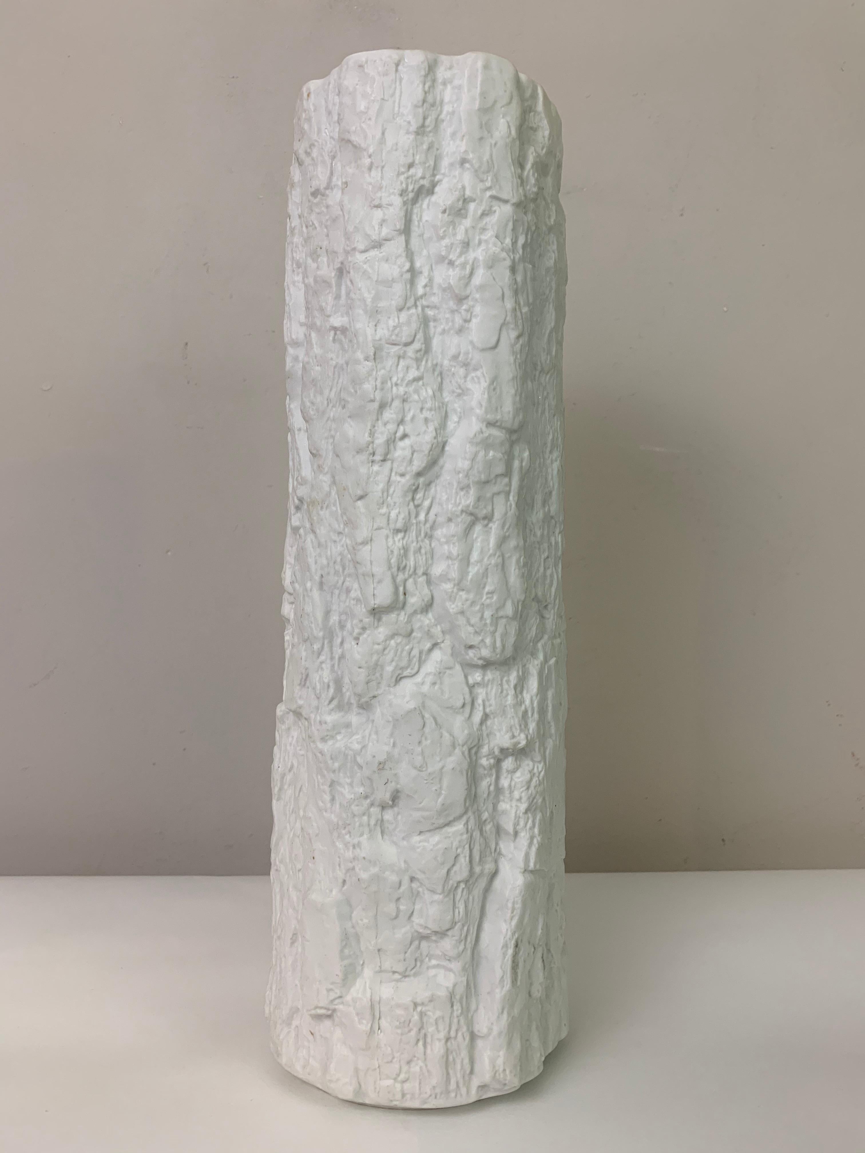 1970s large Bareuther Waldsassen matt-white, bisque, tree-bark design porcelain vase. Designed by Ernst Fenzi.

Manufacturer: Bareuther & Co. AG, Waldsassen
Manufacturer's stamp on base: Crown, Bareuther Waldsassen, Bavaria, Germany, 223