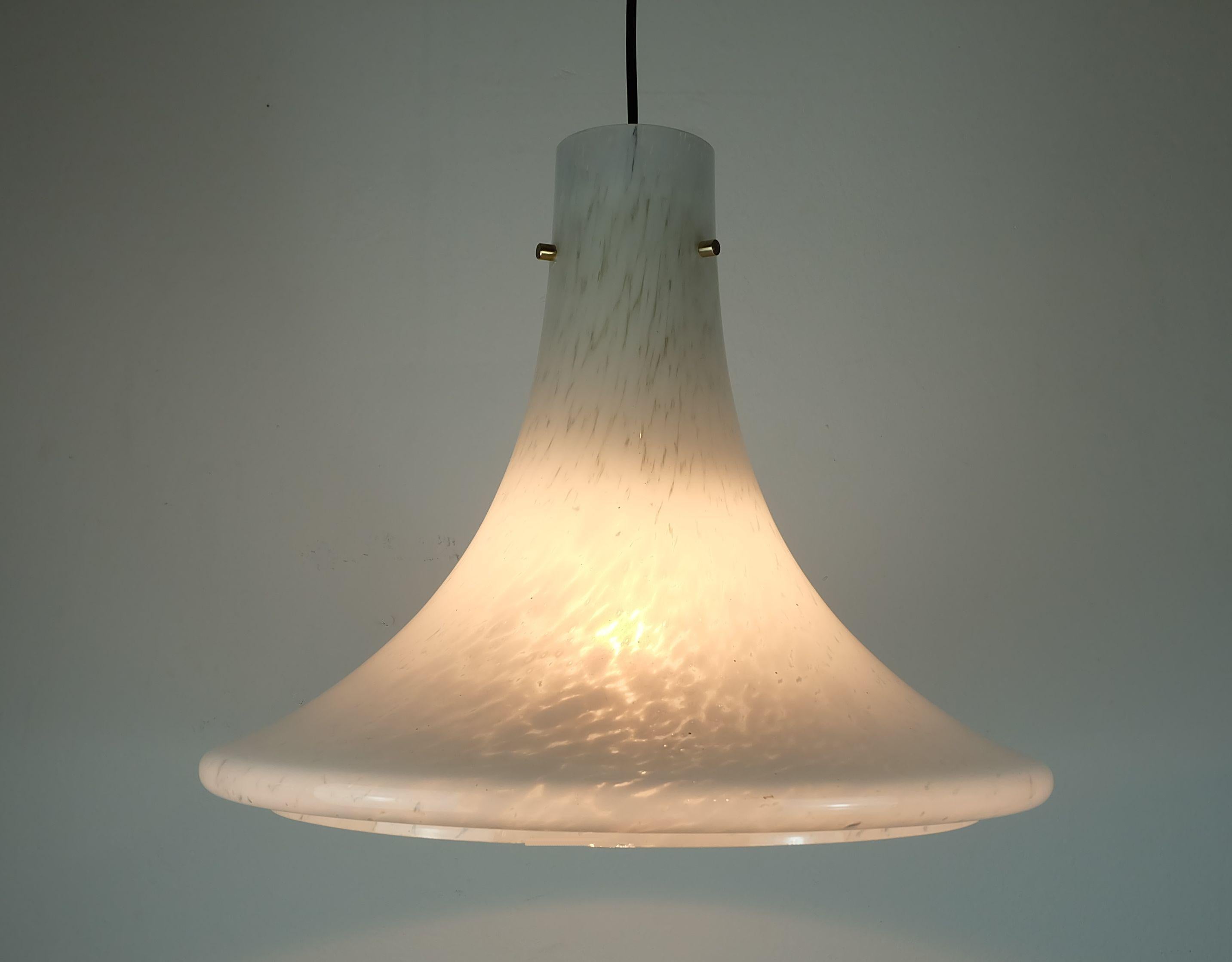 Brass large 1970s glashuette limburg PENDANT LIGHT white opaline bubble glass For Sale