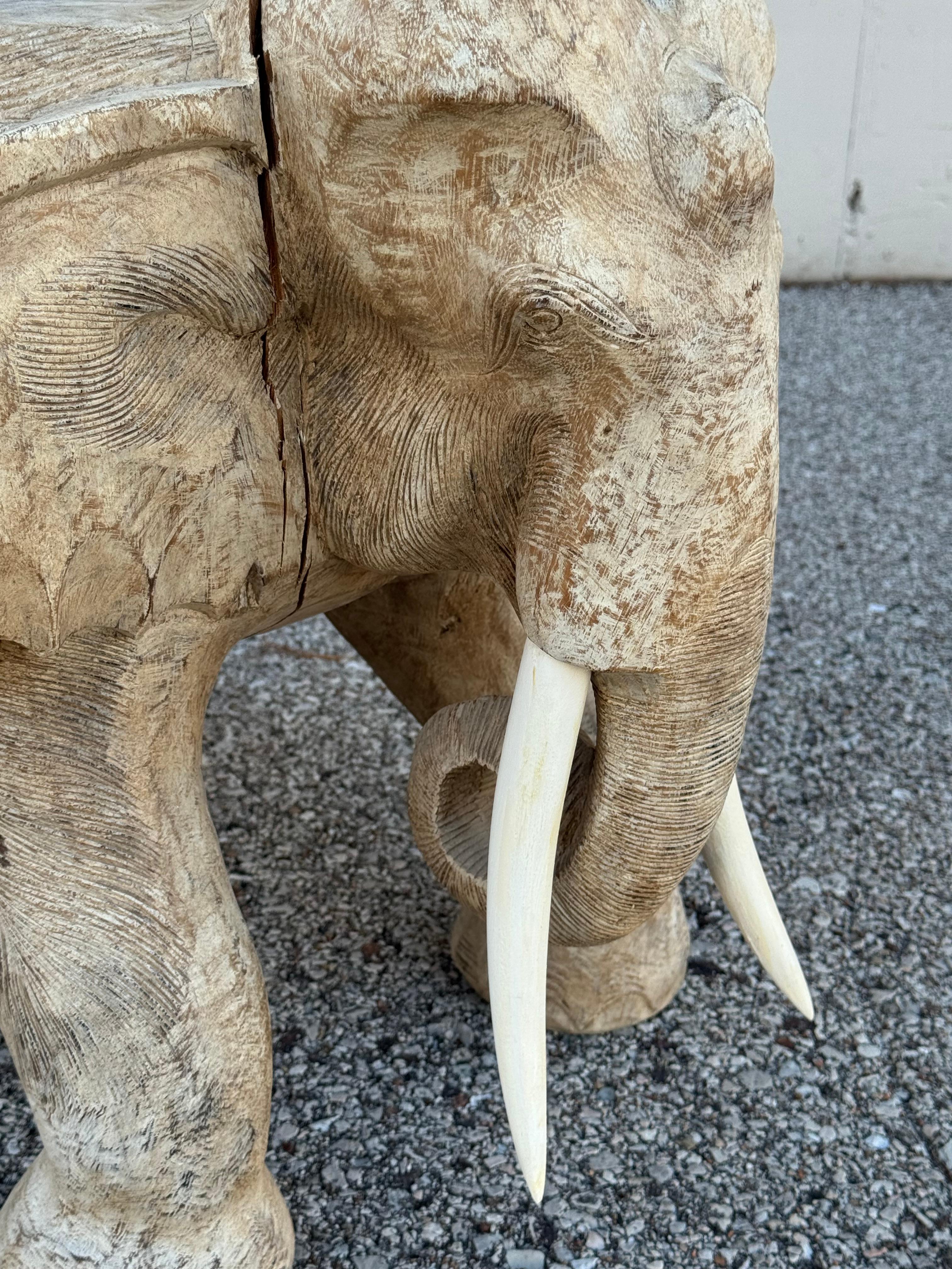 Large 1970s Hand Carved Wooden Elephant - Side, Occasional Table or Stool in vendita 9