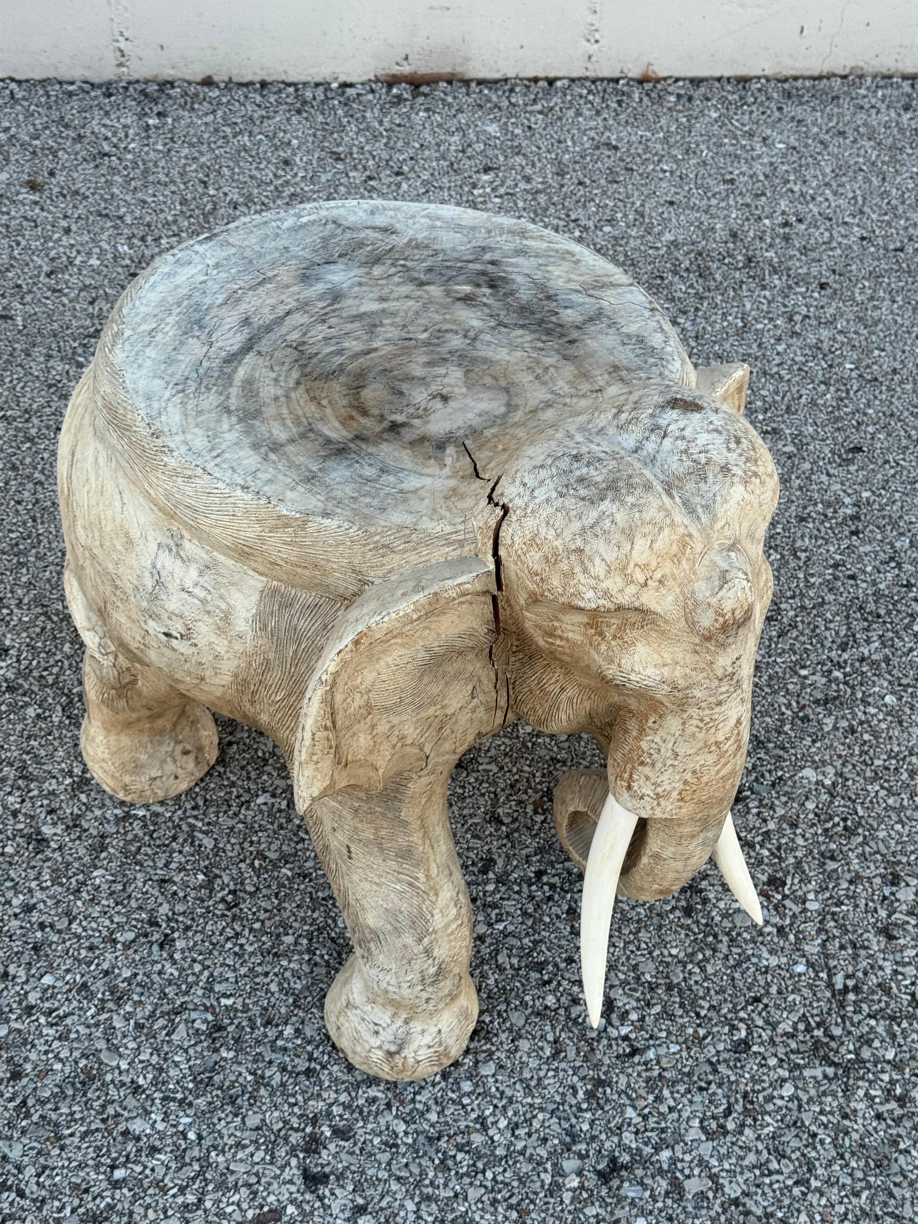 Large 1970s Hand Carved Wooden Elephant - Side, Occasional Table or Stool in vendita 11