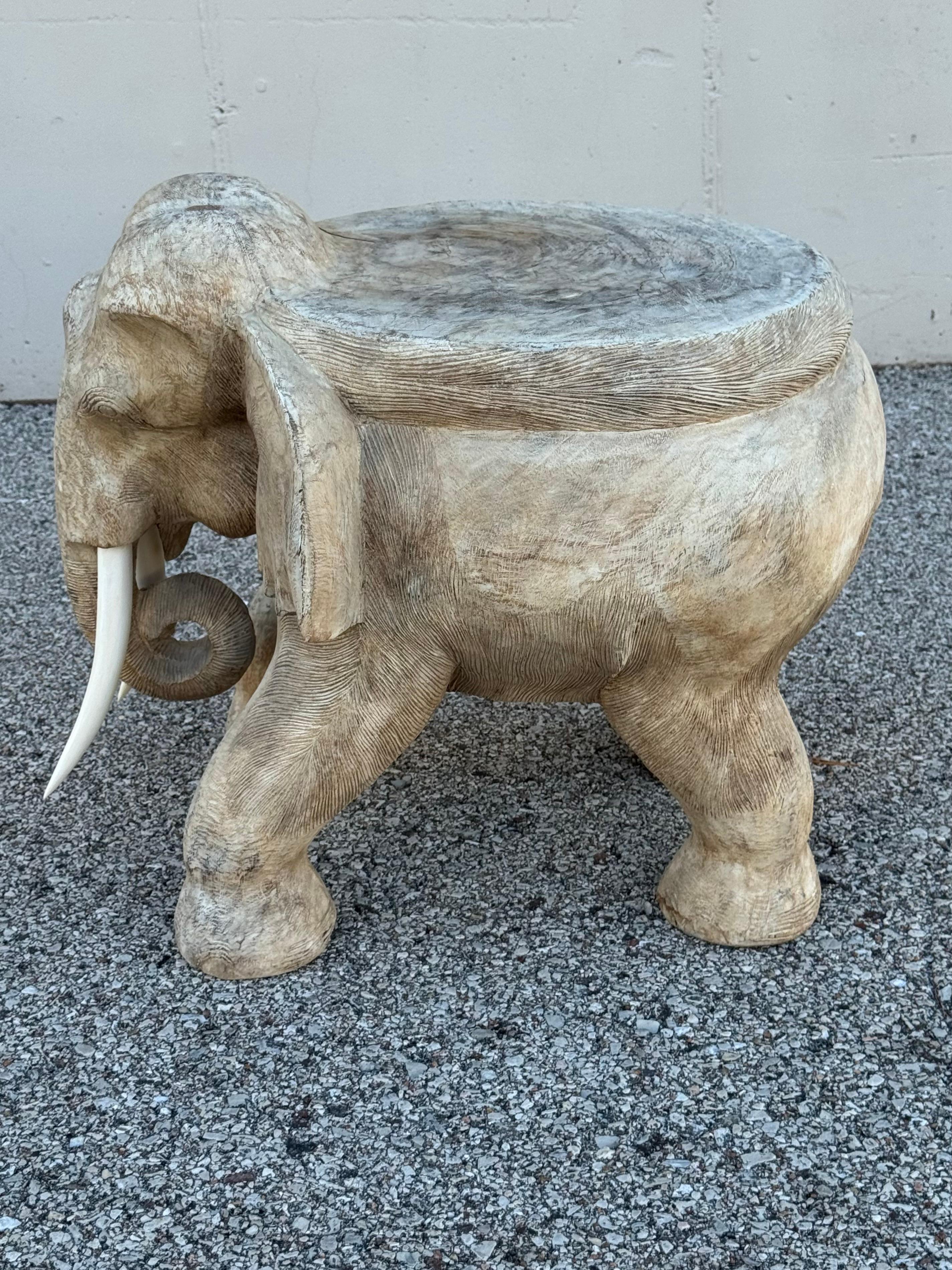 Fine XX secolo Large 1970s Hand Carved Wooden Elephant - Side, Occasional Table or Stool in vendita