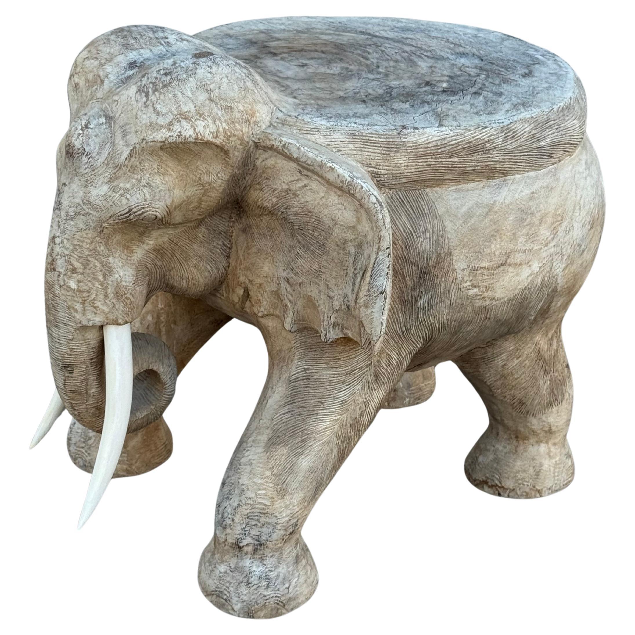 Large 1970s Hand Carved Wooden Elephant - Side, Occasional Table or Stool