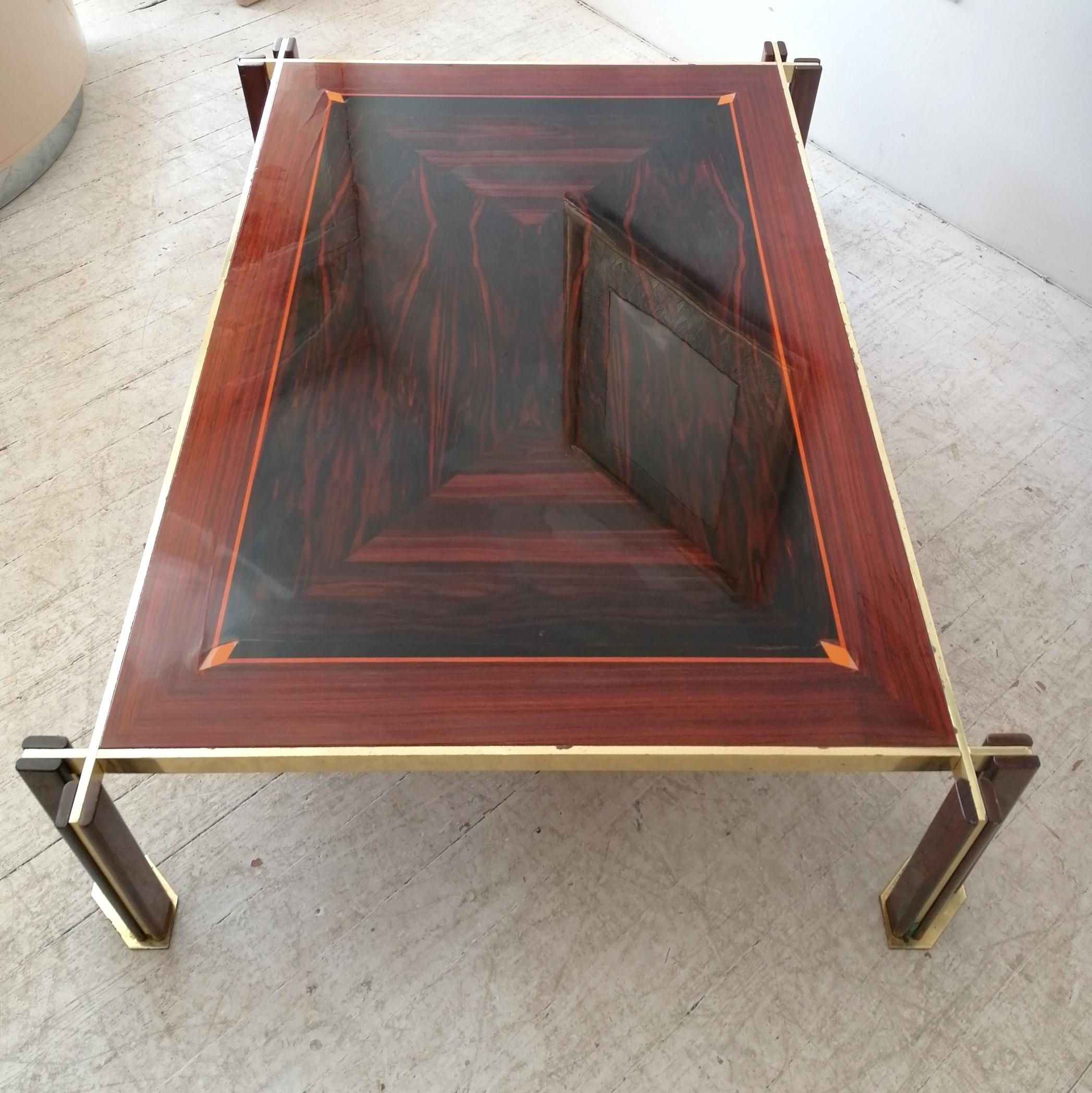 Large 1970s Italian Brass, Macassar & Rosewood Coffee Table By Paolo Barracchia  In Good Condition In Hastings, GB