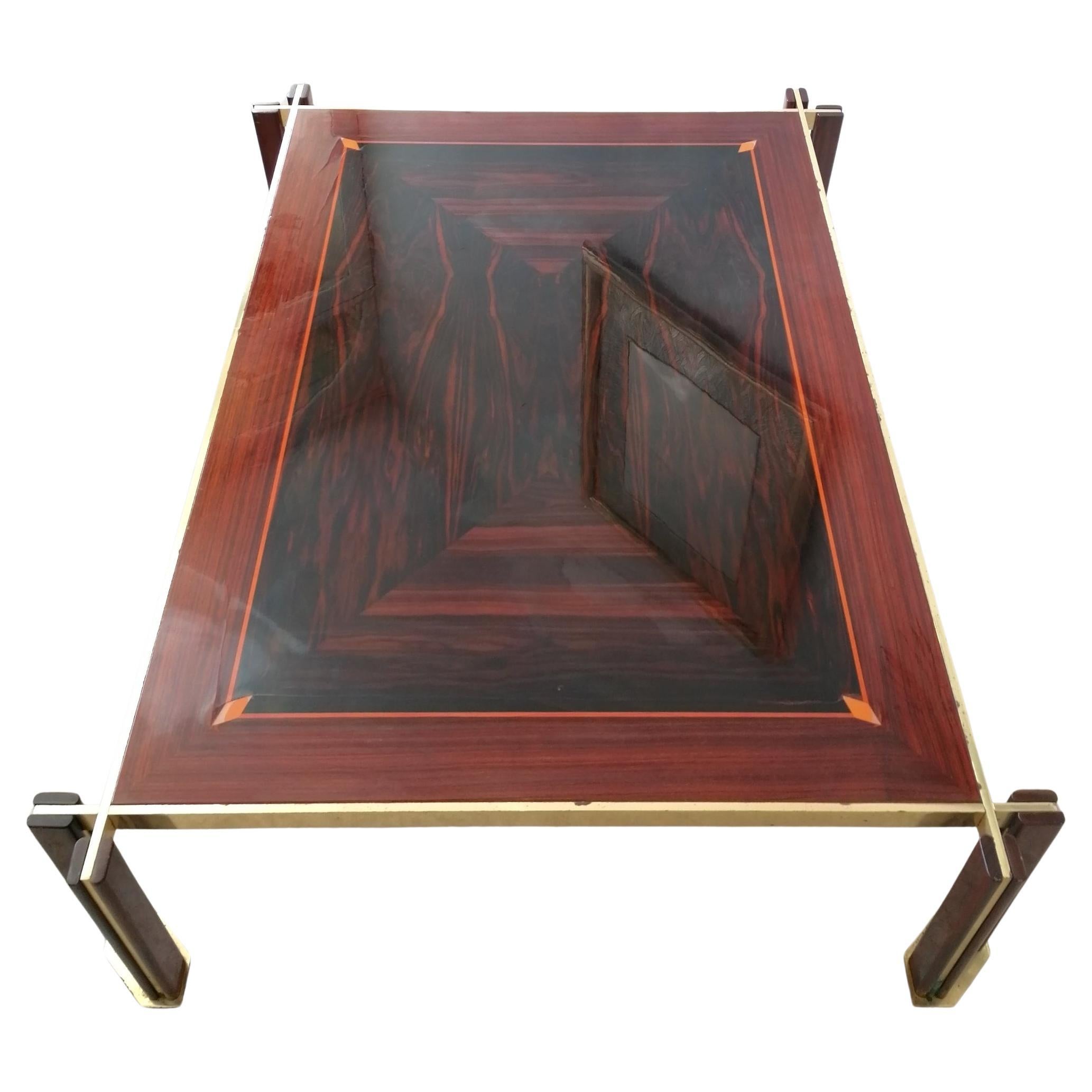 Large 1970s Italian Brass, Macassar & Rosewood Coffee Table By Paolo Barracchia 