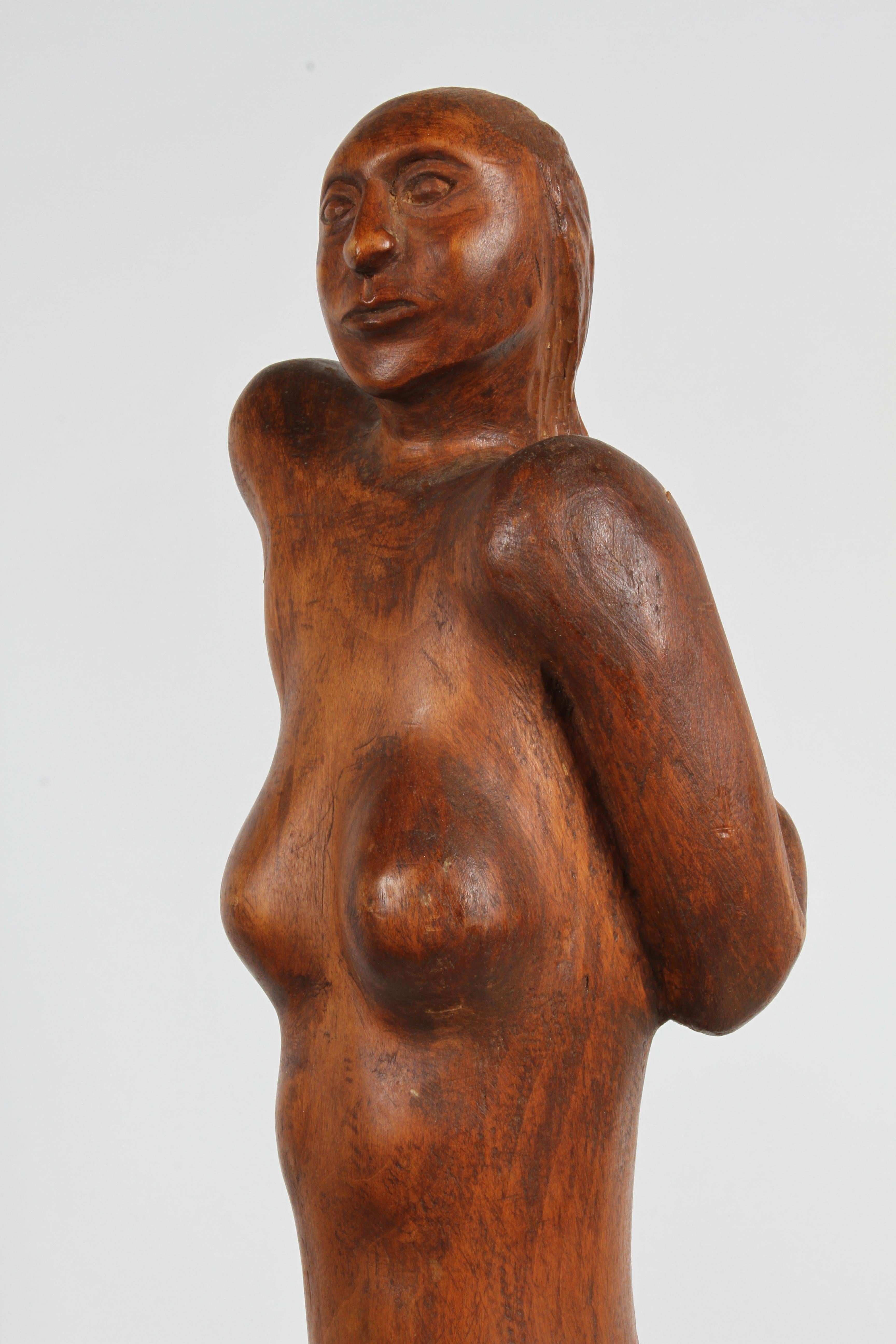 Large 1970s Mid-Century Artisan Nude Female Form Hand-Carved Wood Sculpture  For Sale 5