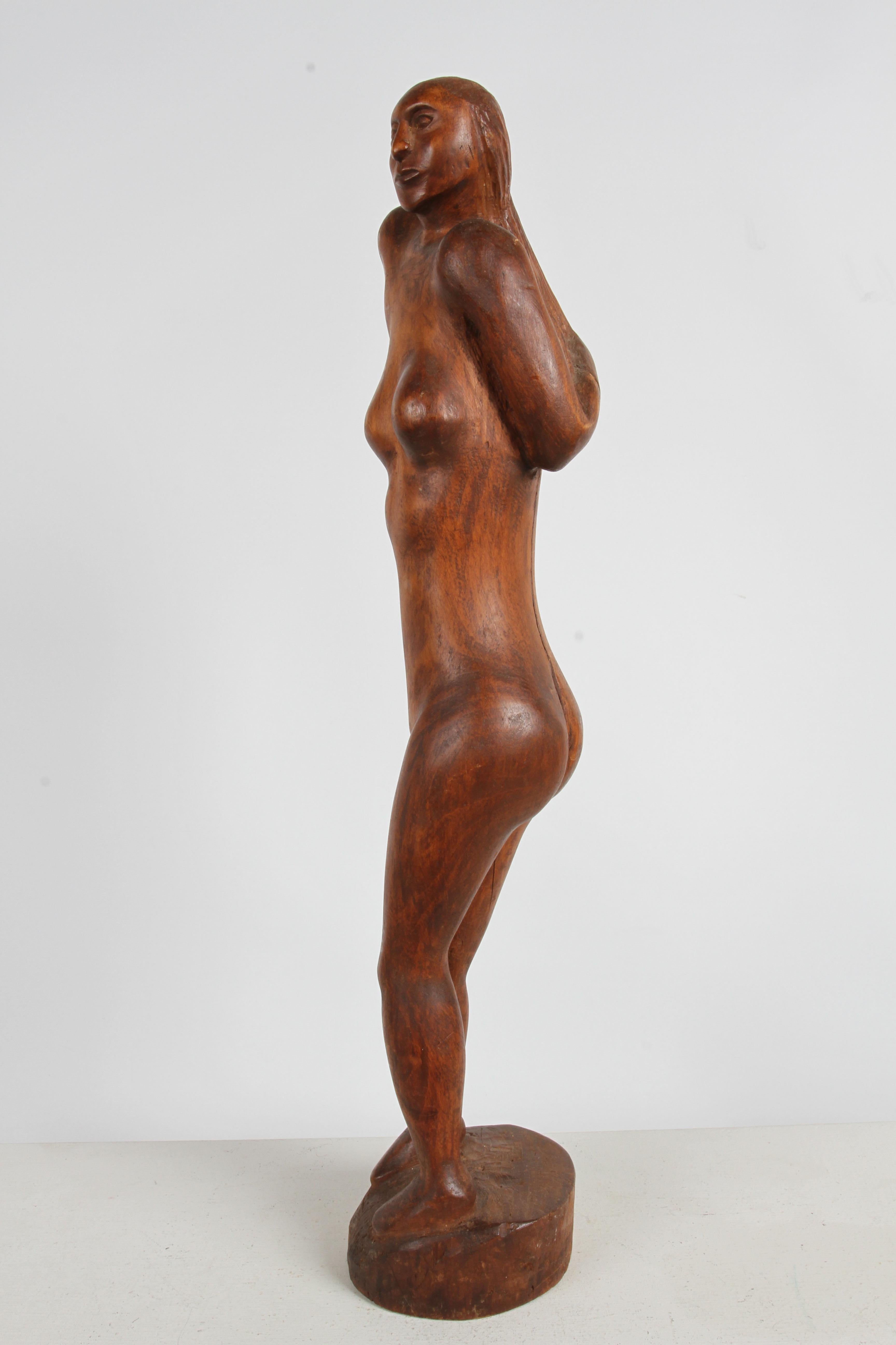 Mid-Century Modern Large 1970s Mid-Century Artisan Nude Female Form Hand-Carved Wood Sculpture  For Sale