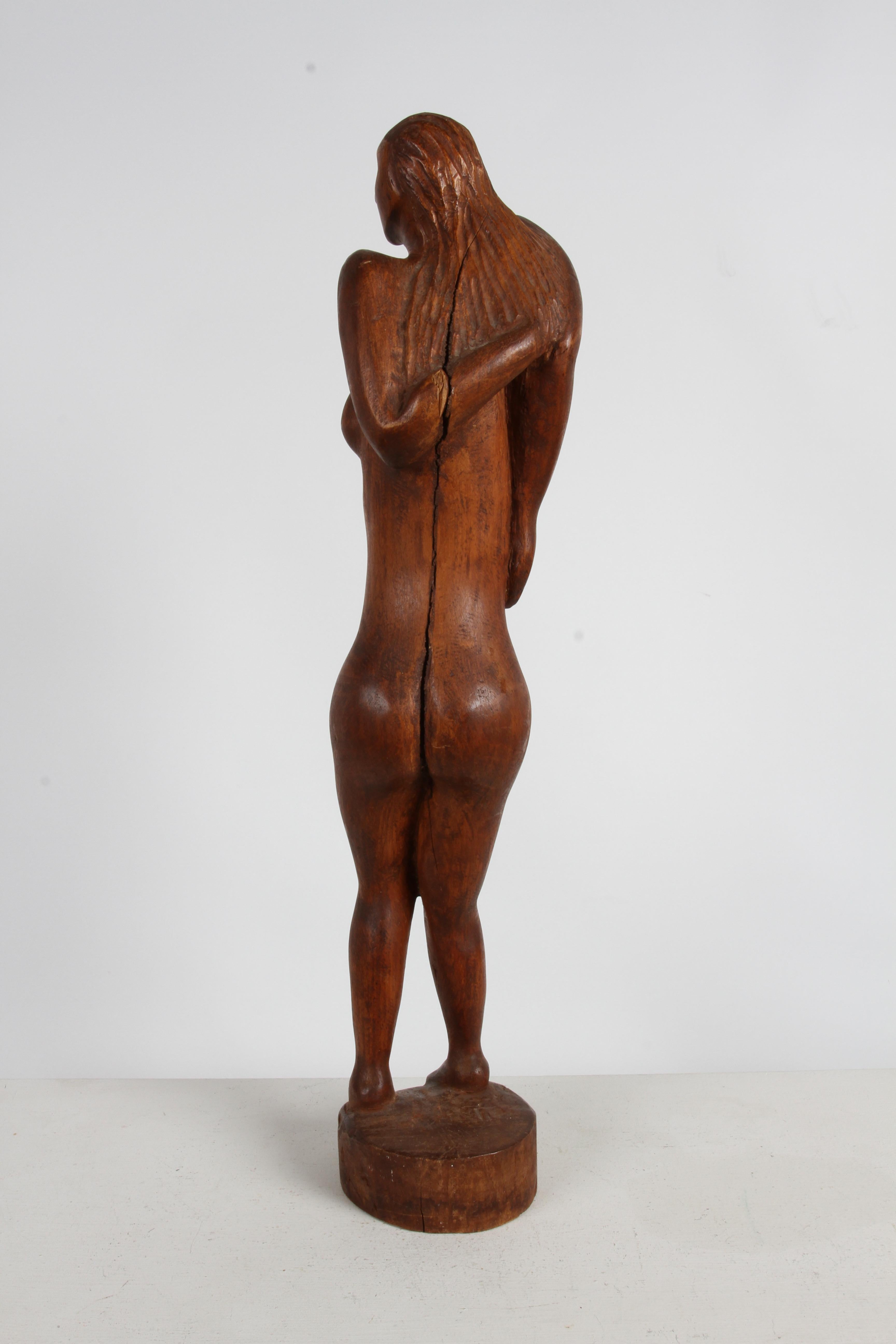 American Large 1970s Mid-Century Artisan Nude Female Form Hand-Carved Wood Sculpture  For Sale