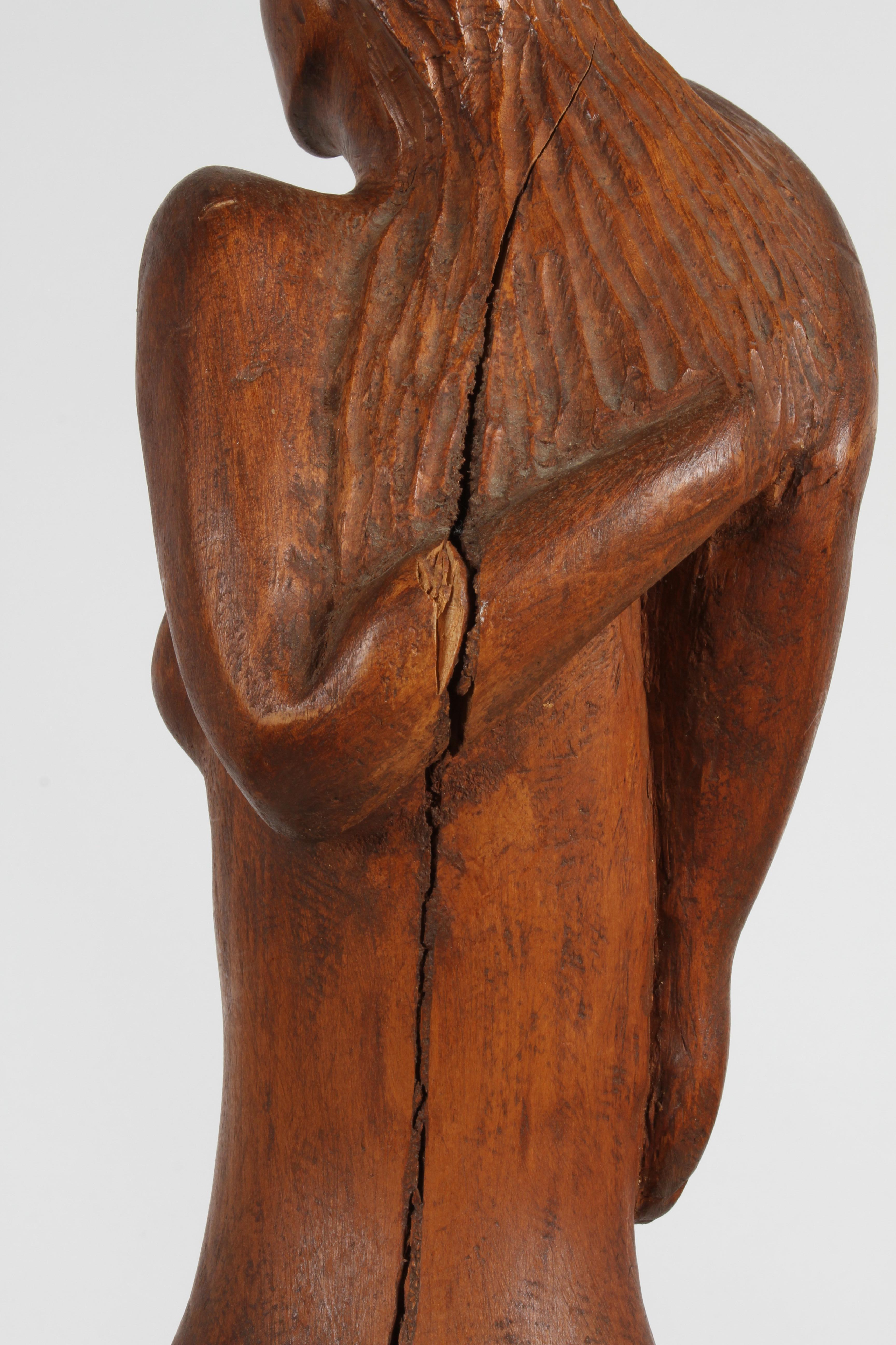 Large 1970s Mid-Century Artisan Nude Female Form Hand-Carved Wood Sculpture  In Good Condition For Sale In St. Louis, MO