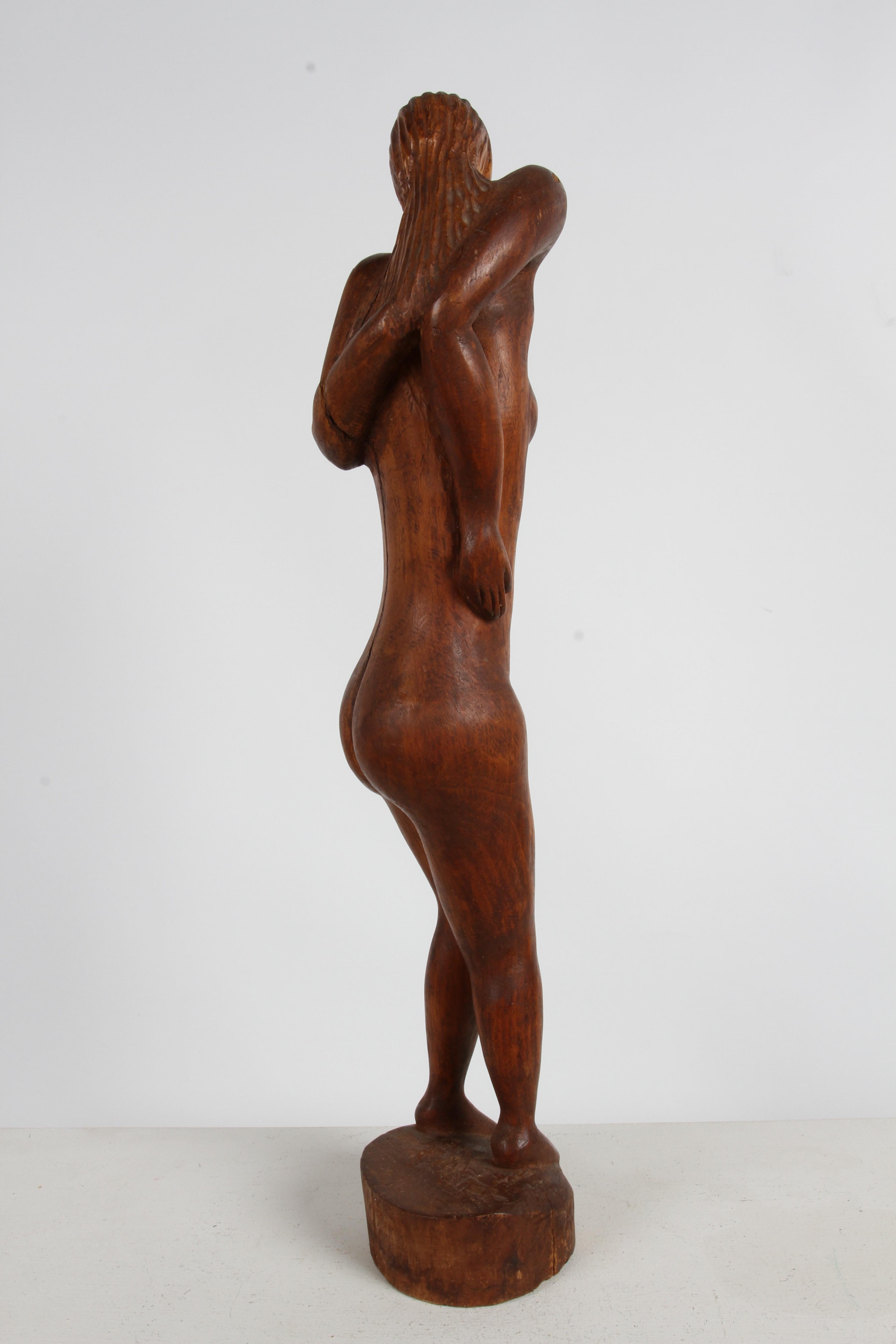 Late 20th Century Large 1970s Mid-Century Artisan Nude Female Form Hand-Carved Wood Sculpture  For Sale
