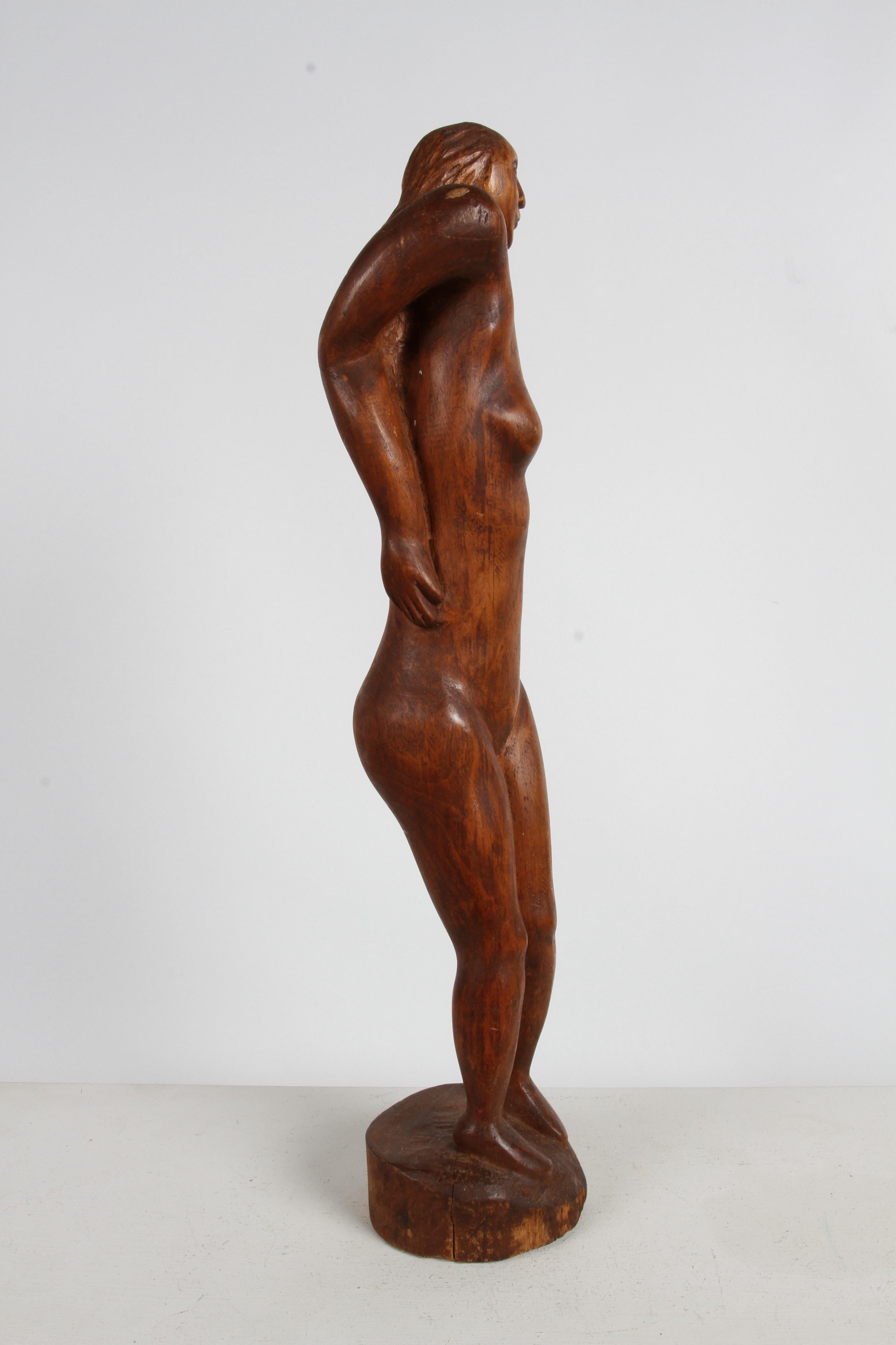 Large 1970s Mid-Century Artisan Nude Female Form Hand-Carved Wood Sculpture  For Sale 1