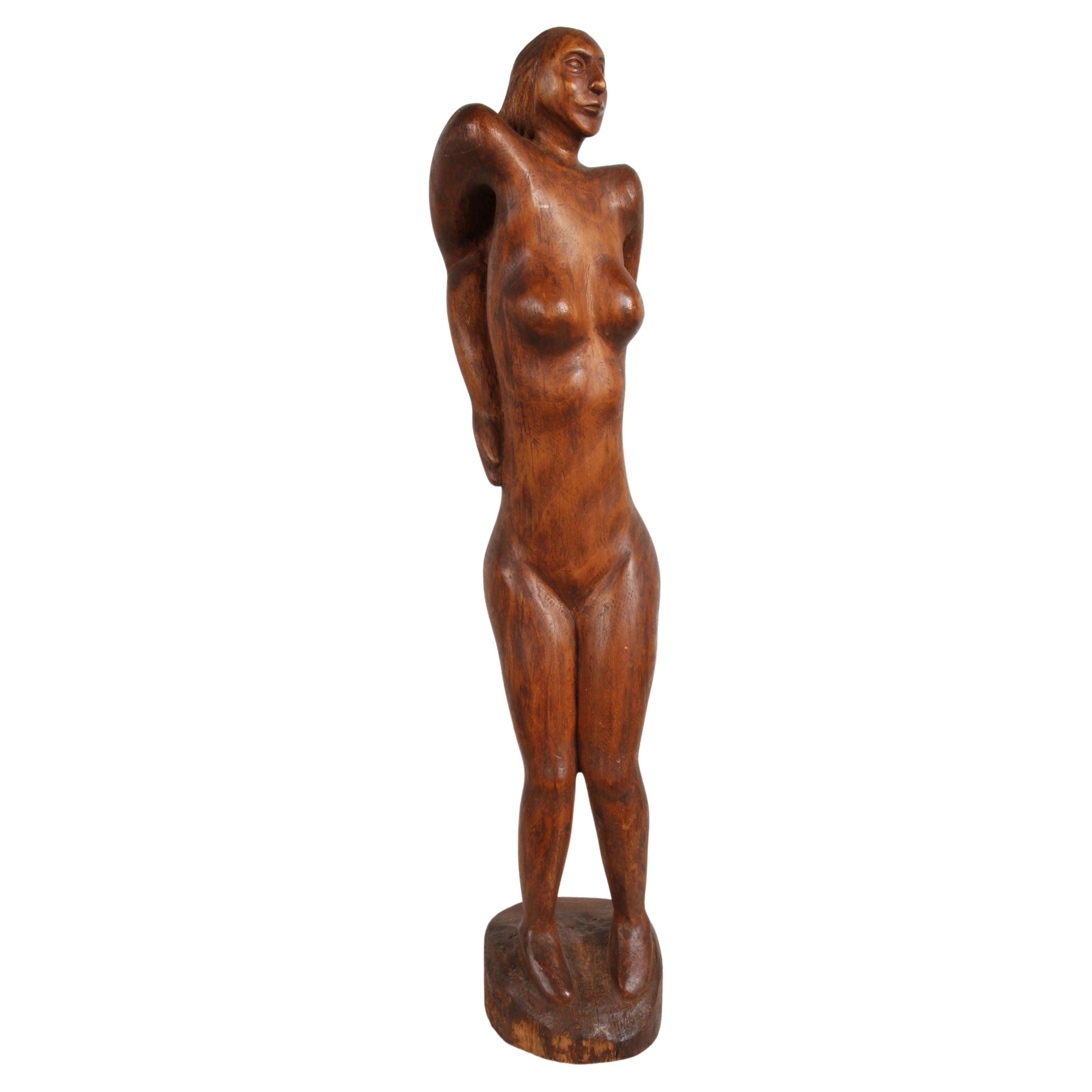 Large 1970s Mid-Century Artisan Nude Female Form Hand-Carved Wood Sculpture  For Sale