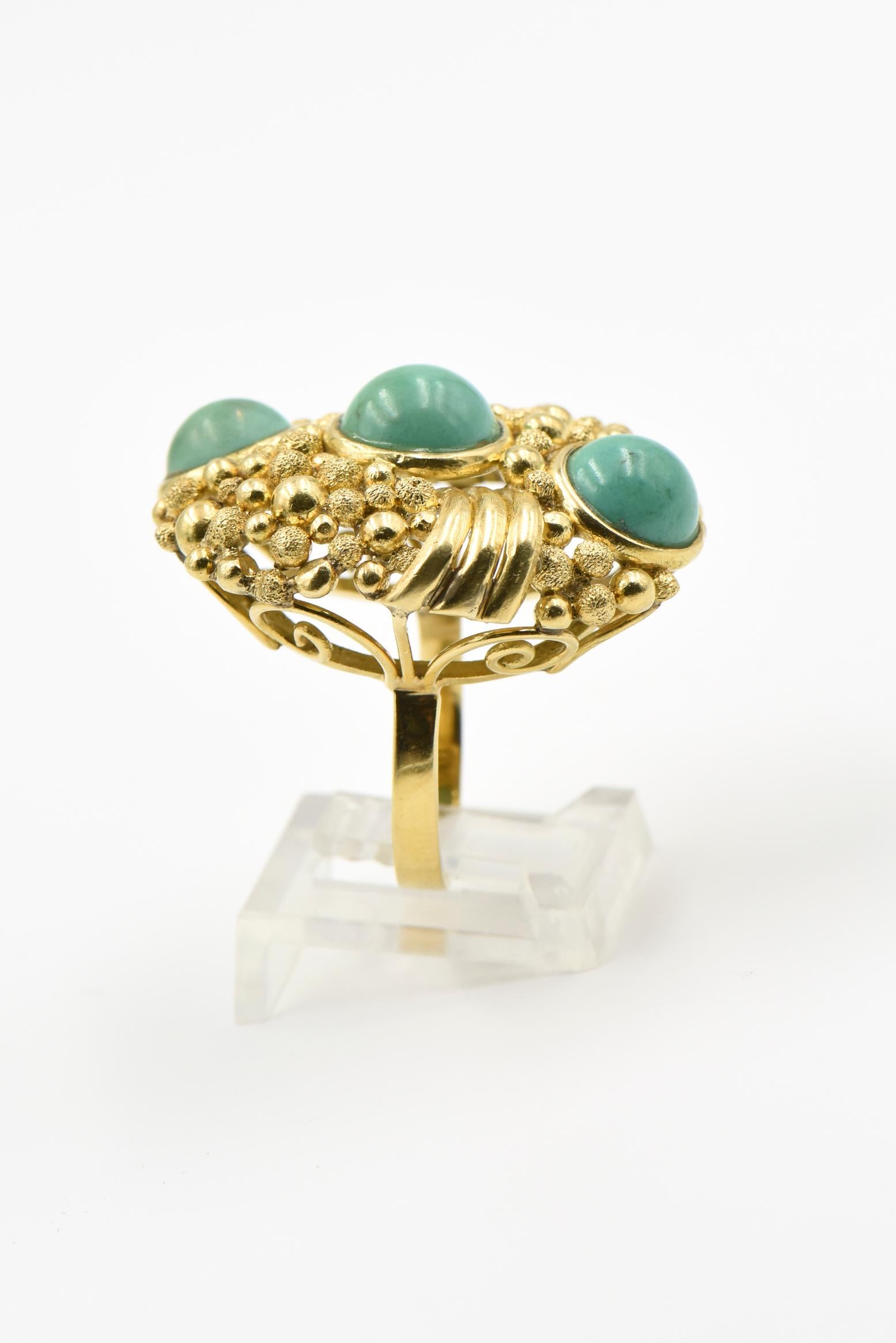 Large 1970s Modern Textured Design Turquoise Gold Statement Ring In Good Condition For Sale In Miami Beach, FL